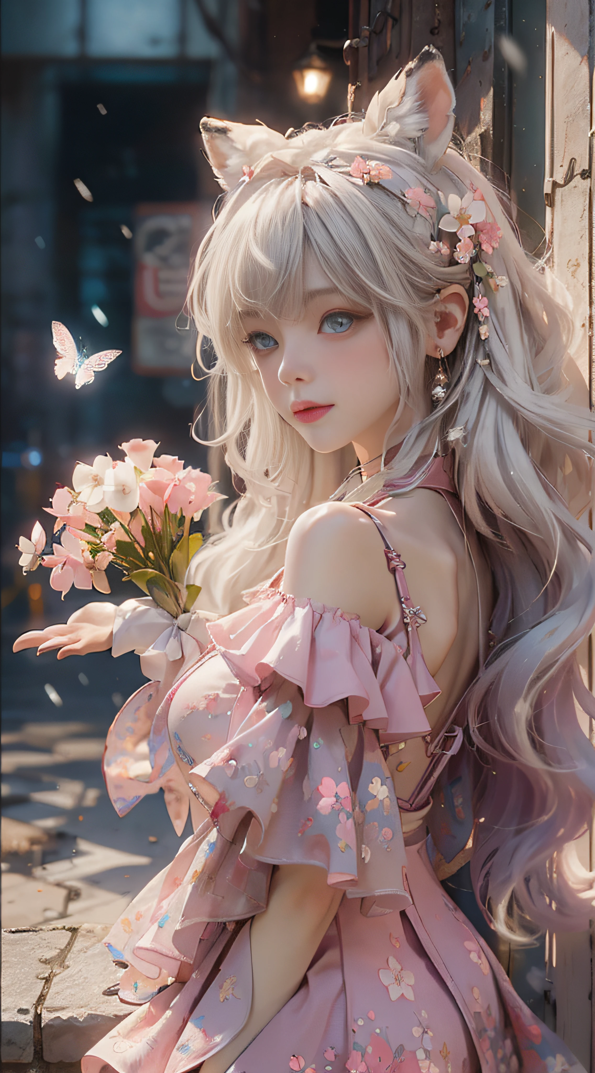 ((best qualtiy)), ((tmasterpiece)), (detail:1.4), Beautiful cyberpunk female images,hdr(HighDynamicRange),Ray traching,NVIDIA RTX,Hyper-Resolution,illusory 5,sub surface scattering,PBR textures,post-proces,Anisotropy Filtering,depth of fields,maximum definition and sharpness,Many-Layer Textures,Albedo e mapas Speculares,Surface coloring,Mitsu-Accurate simulation of material interactions,perfectly proportioned,rendering by octane,Two-colored light,largeaperture,Low ISO,White balance,Rule three points、8K raw data、Beautiful bright blue pupils,off-the-shoulder clothes,Fine pupils,Delicate face and eyes,long eyelasher,Blushlush,Delicate and fluffy hair,pink lip,Pure,Cute face,Sweet girl,Artistic sense,Casual wear,Advancedsense,butterflys,Cherry blossom petal,Beautiful hair accessories,Long hair and waist,Hair fluttering in the wind,Snow-white fox ears,curlies,Snow-white fluffy tail,Positive light,The light from the back window is backlighted