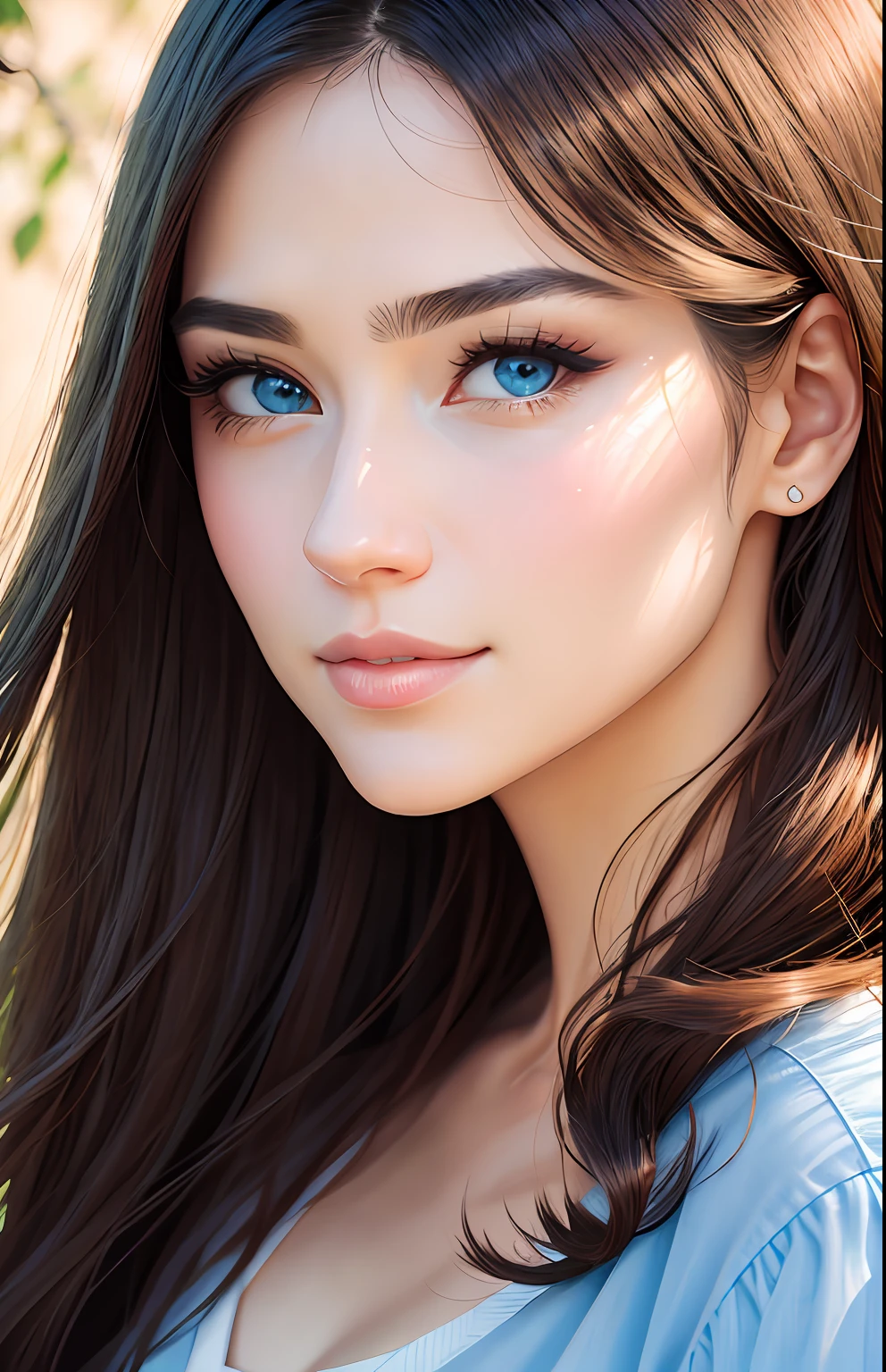 animesque、portraitures、One Person20Pretty Woman、Moisturized eyes、Casual clothing、a picture、oval jaw、beautiful countenance、The hair、Blue eyes with a beautiful glow、LDS Art