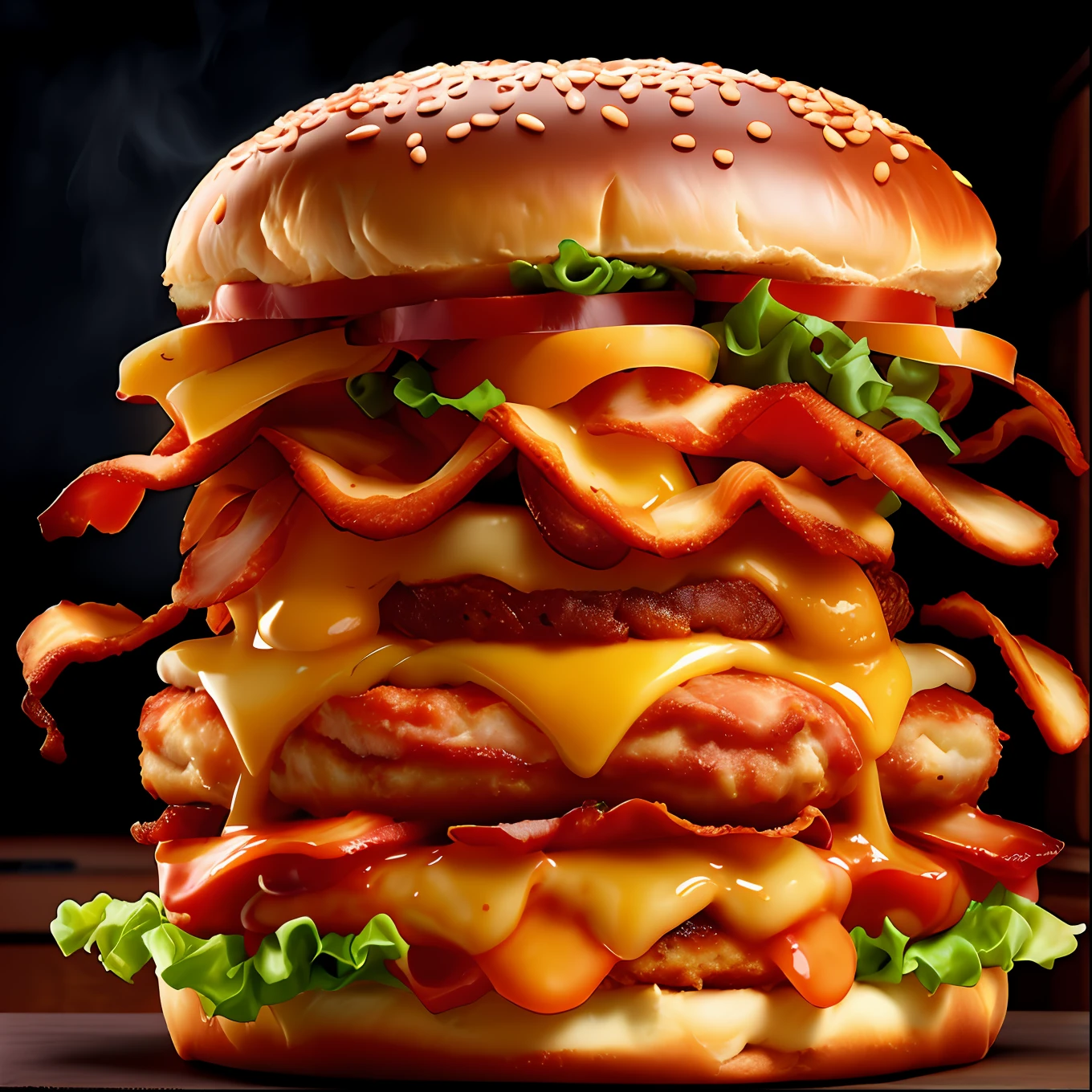 photo (QuadBurger style:1) a large hamburger with bacon, cheese, lettuce, tomato and