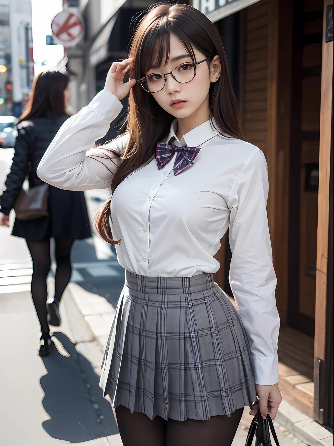 (8K、Raw photography、top-quality、masterpiece:1.2),Black pantyhose,absurderes,a small face,small tits,flat breast,Parting the bangs from the middle、Forehead visible,(Tight eyes,Bullish,skinny,Rasping,irate)、masterpiece,top-quality、超A high resolution,Raw photo,ren,Beautiful fece,One Person, 独奏,eye glass,,Dark look,Small breasts,fullllbody,Round glasses、cute little、A Japanese Lady,is standing,(Tight eyes,Bullish,skinny,Rasping,irate,small tits,flat breast)、(Photorealsitic:1.37)、Photon mapping,Light blue ribbon,Realistic、Cute little face,Brown-eyed、Black socks、(Red bow tie)、Radio City、Physically Based Rendering、Foreground、depth of fields、Blurry background、a picture,The girls、Body, Long legs, Thin leg,poneyTail,(Bangs are visible), hair, s lips, Blue_The eye, nosesoft,White shirt, Navy blue and white plaid pleated skirt, Knees are visible,Sheer clothing,, Thigh, Black cotton socks,Nogizaka Idol, 女優, Japanese ido