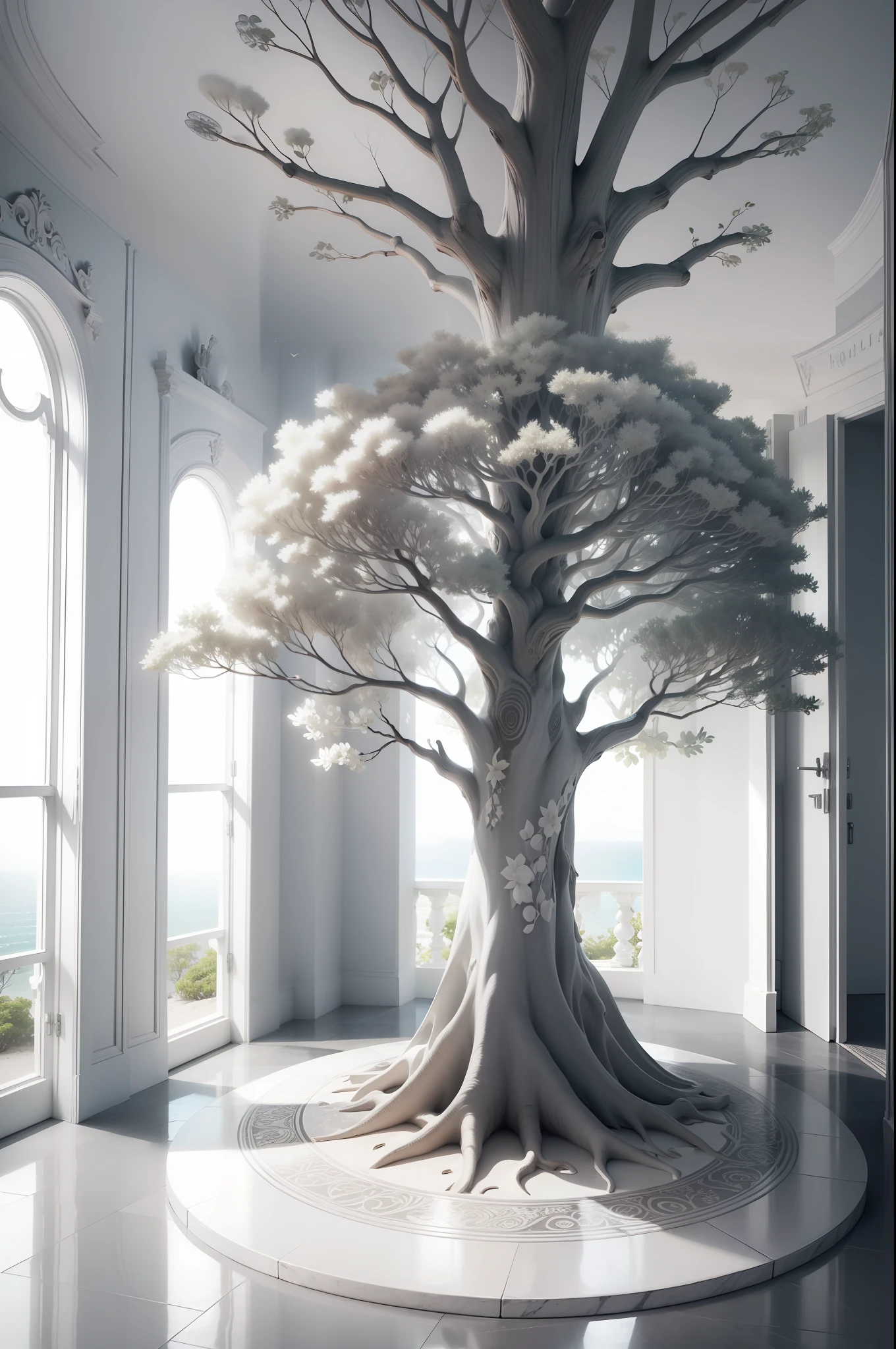 Create the tree of life, with gray and white colors, in a paradisiacal landscape.