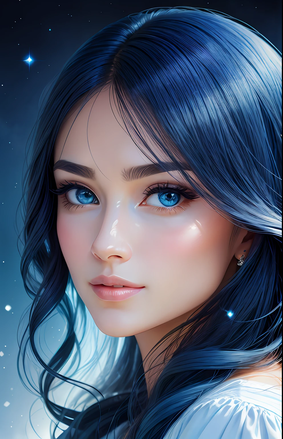 animesque、portraitures、One Person２０Pretty Woman、Moisturized eyes、Casual clothing、a picture、oval jaw、beautiful countenance、The hair、Blue eyes with a beautiful glow、LDS Art
