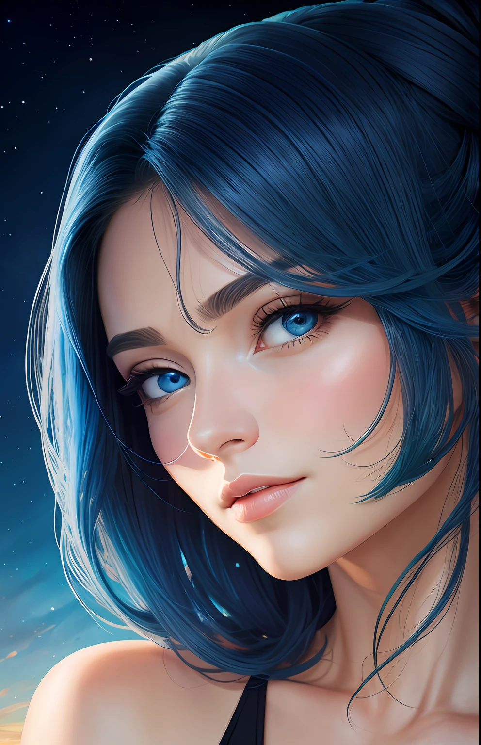 animesque、portraitures、One Person20Pretty Woman、Moisturized eyes、Casual clothing、a picture、oval jaw、beautiful countenance、The hair、Blue eyes with a beautiful glow、LDS Art