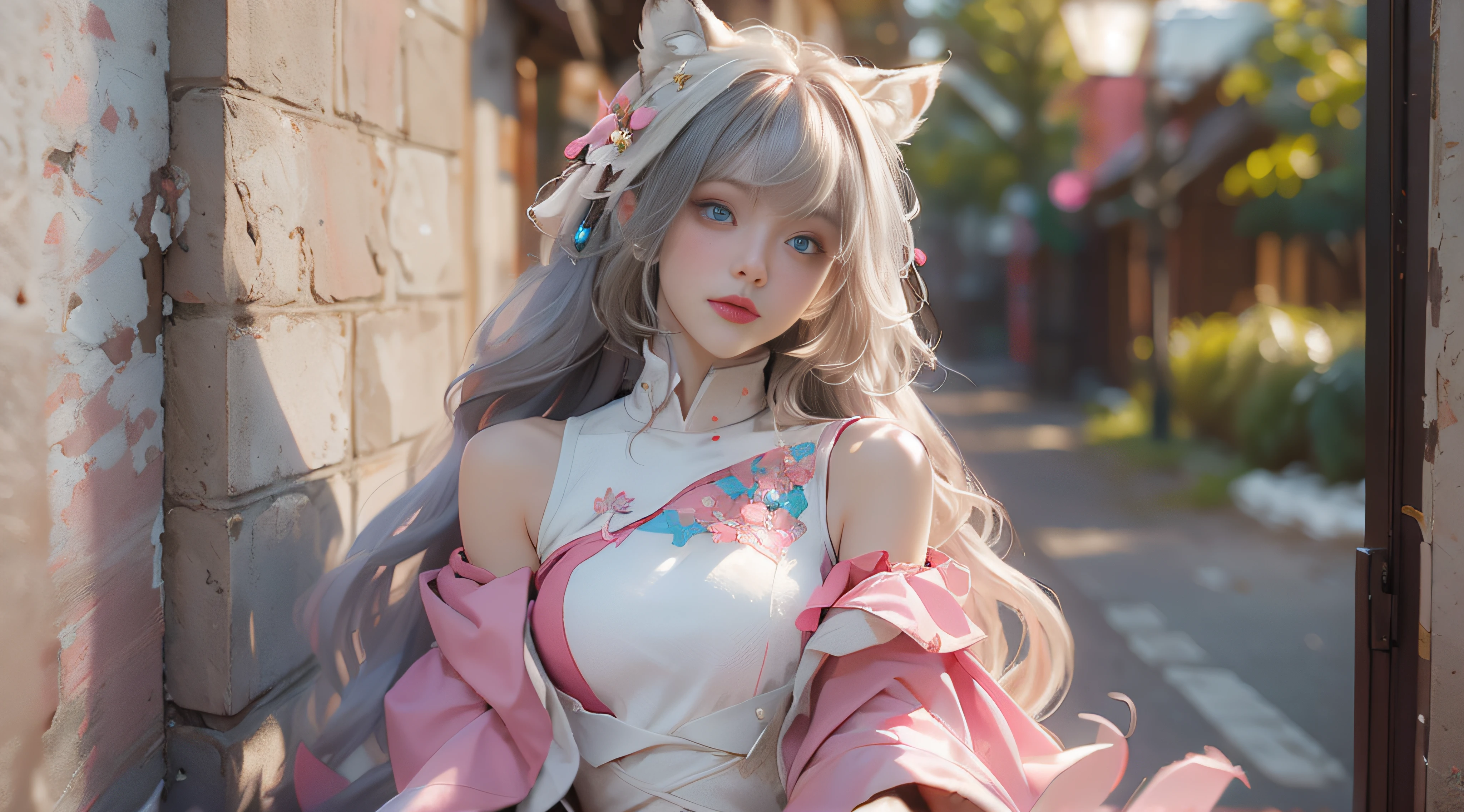 ((best qualtiy)), ((tmasterpiece)), (detail:1.4), Beautiful cyberpunk female images,hdr(HighDynamicRange),Ray traching,NVIDIA RTX,Hyper-Resolution,illusory 5,sub surface scattering,PBR textures,post-proces,Anisotropy Filtering,depth of fields,maximum definition and sharpness,Many-Layer Textures,Albedo e mapas Speculares,Surface coloring,Mitsu-Accurate simulation of material interactions,perfectly proportioned,rendering by octane,Two-colored light,largeaperture,Low ISO,White balance,Rule three points、8K raw data、Beautiful bright blue pupils,off-the-shoulder clothes,Fine pupils,Delicate face and eyes,long eyelasher,Blushlush,Delicate and fluffy hair,pink lip,Pure,Cute face,Sweet girl,Artistic sense,Casual wear,Advancedsense,butterflys,Cherry blossom petal,Beautiful hair accessories,Long hair and waist,Hair fluttering in the wind,Snow-white fox ears,curlies,Snow-white fluffy tail,Positive light,The light from the back window is backlighted