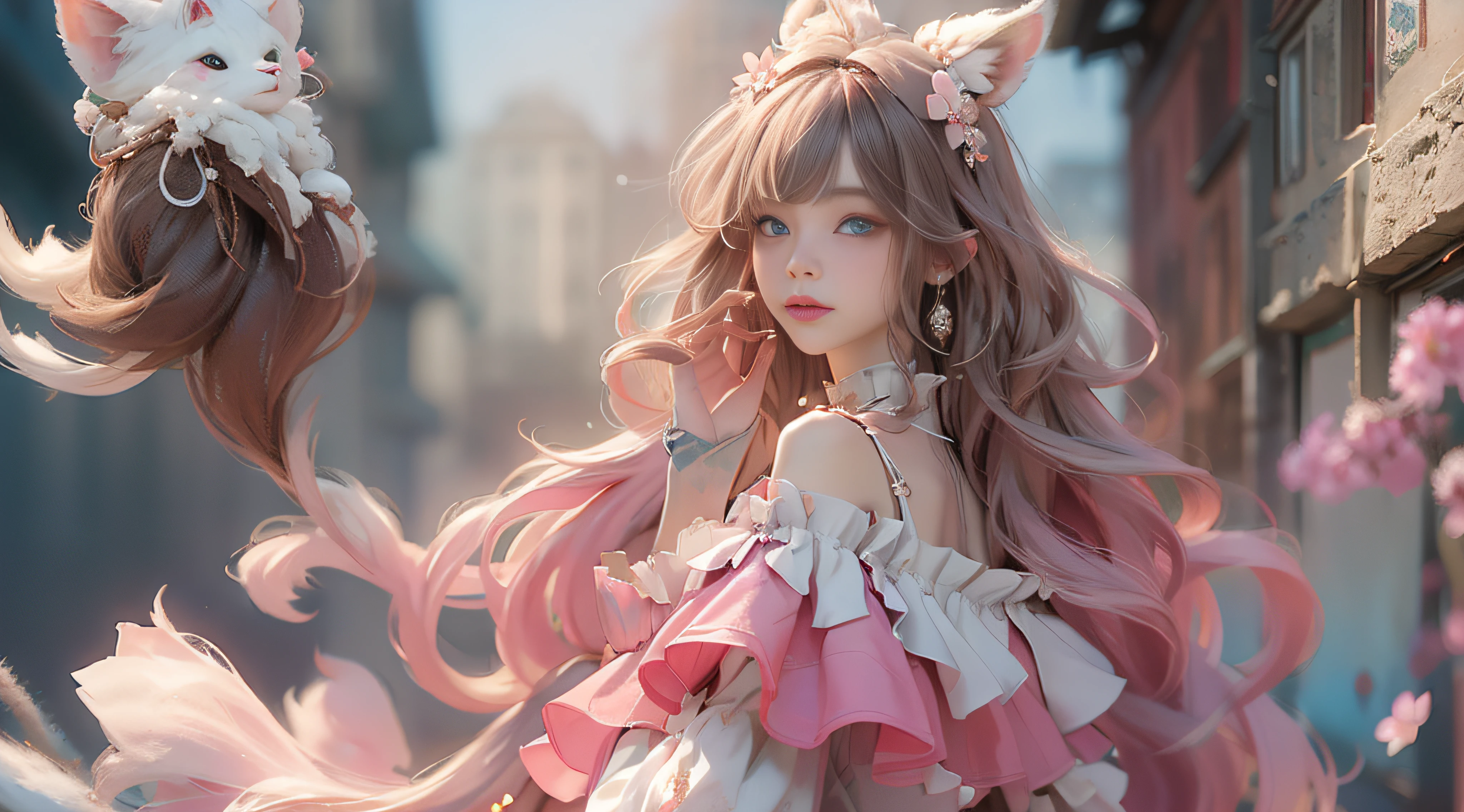（（best qualtiy））， （（tmasterpiece））， （detail：1.4）， Beautiful cyberpunk female images，hdr（HighDynamicRange），Ray traching，NVIDIA RTX，Hyper-Resolution，illusory 5，sub surface scattering，PBR textures，post-proces，Anisotropy Filtering，depth of fields，maximum definition and sharpness，Many-Layer Textures，Albedo e mapas Speculares，Surface coloring，Mitsu-Accurate simulation of material interactions，perfectly proportioned，rendering by octane，Two-colored light，largeaperture，Low ISO，White balance，Rule three points、8K raw data、Beautiful bright blue pupils，off-the-shoulder clothes，Fine pupils，Delicate face and eyes，long eyelasher，Blushlush，Delicate and fluffy hair，pink lip，Pure，Cute face，Sweet girl，Artistic sense，Casual wear，Advancedsense，butterflys，Cherry blossom petal，Beautiful hair accessories，Long hair and waist，Hair fluttering in the wind，Snow-white fox ears，curlies，Snow-white fluffy tail，Positive light，The light from the back window is backlighted
