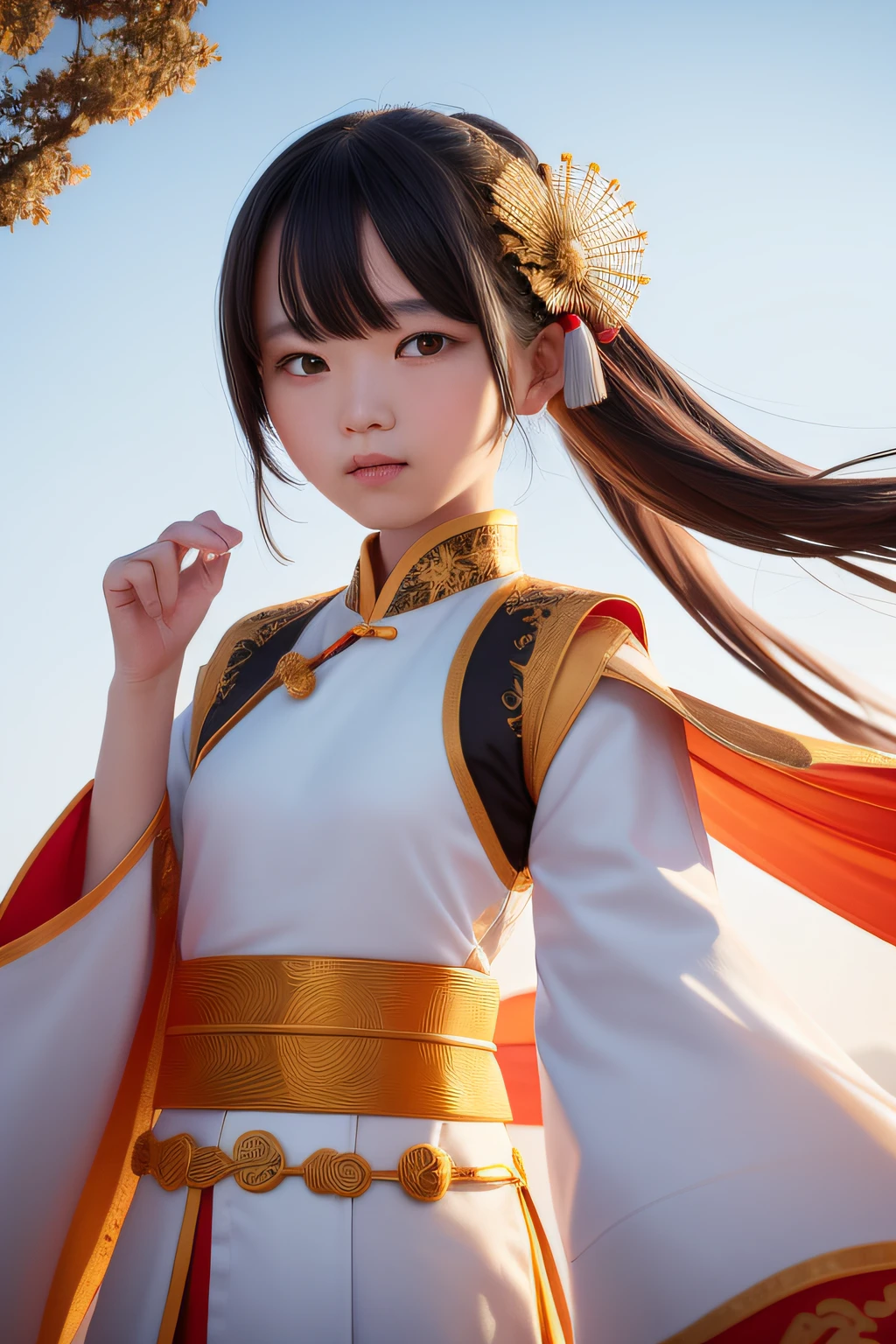 A girl, ancient Chinese costume, whole body, sunshine, clear face, clean white background, masterpiece, super detail, epic composition, ultra HD, high quality, extremely detailed, official art, uniform 8k wallpaper, super detail, 32k