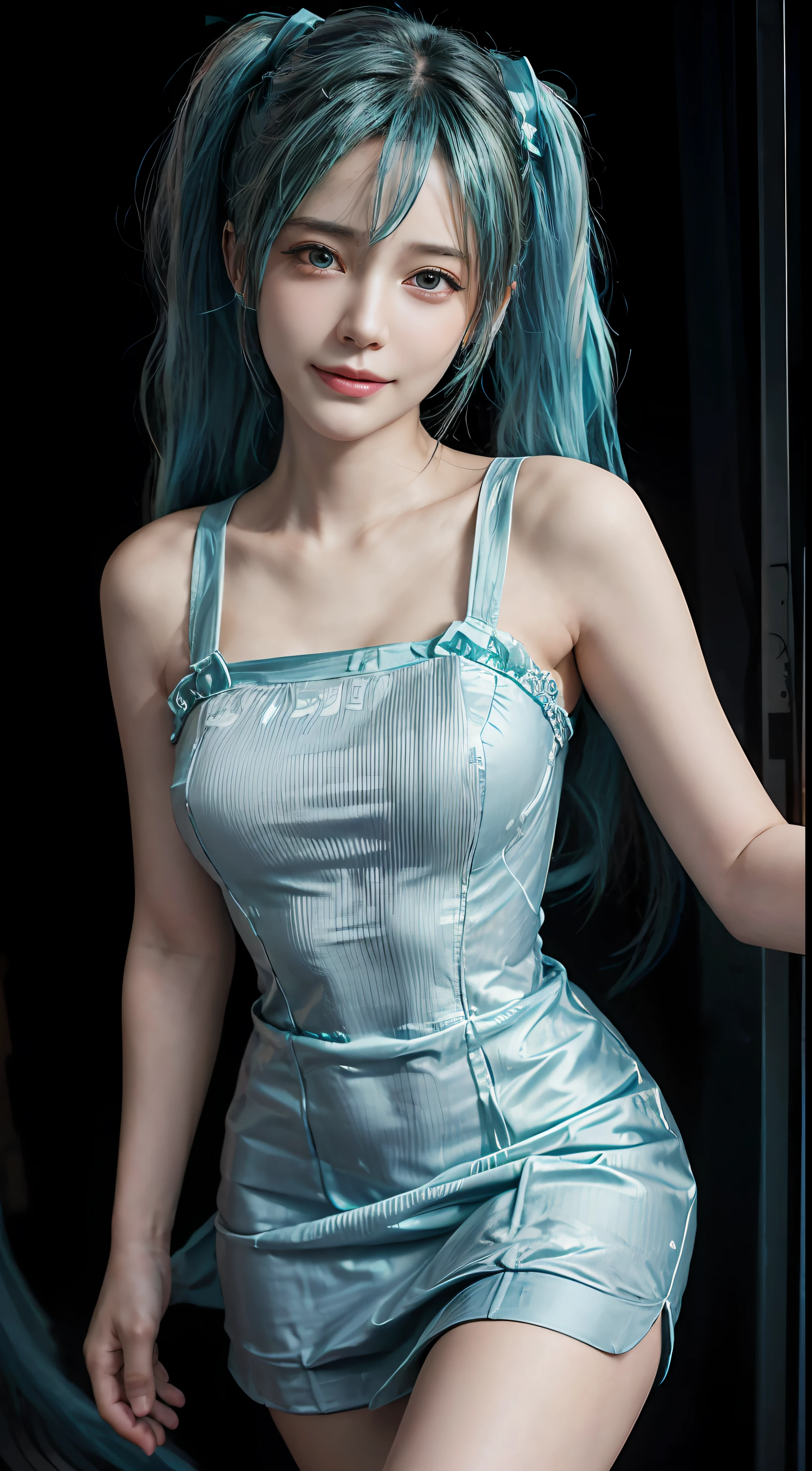 (front focus), keyword: 1girl in photoshoot, (((hatsune miku))), (in the dark:1.6), Hyperrealist portrait, fantasy art, photo realistic, dynamic lighting, poster, bokeh, volumetric lighting, very detailed faces, 8k, award winning, 1girl, 25 years old girl, deep shadow, low key, long twin tail hair with pony, bright tosca hair and eye color (((strong color))), big breast, round breast, nacklaces , full body, big smile (open mouth), wet skin, Highly detailed face and skin texture, Detailed eyes, Realistic eyes, Beautiful detailed eyes, (Realistic skin), (((futuristic hatsune miku dress 1:1))), dynamic poses