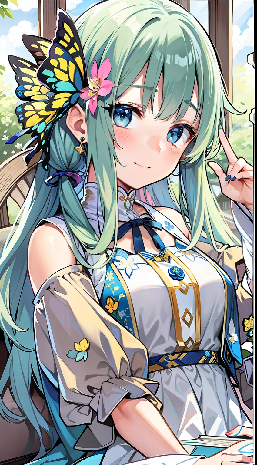 (Realistic painting style:0.9),(Imitation of traditional media:1.0),tmasterpiece,best qualtiy,Bokeh,depth of fields,side looking,Ayaka Kamisato(Spring flower letters),Ayaka Kamisato,bluntbangs,Butterfly hair ornaments,hairflower,a blue dress,1girll,Girl sitting in chair,Shy butterfly,Gray eye,florals,hair adornments,lightblue hair,exteriors,独奏,Skysky,Blue nails,clouds,By bangs,longer sleeves,Take it,looking at viewert,blue butter fly,pigtails,shift dresses,In the daytime,blue-sky,mediuml breasts,mostly cloudy sky,Be red in the face,Raise your index finger,Blue flowers,ssmile,Keep one's mouth shut,holding open book,tarot cards,Green background,