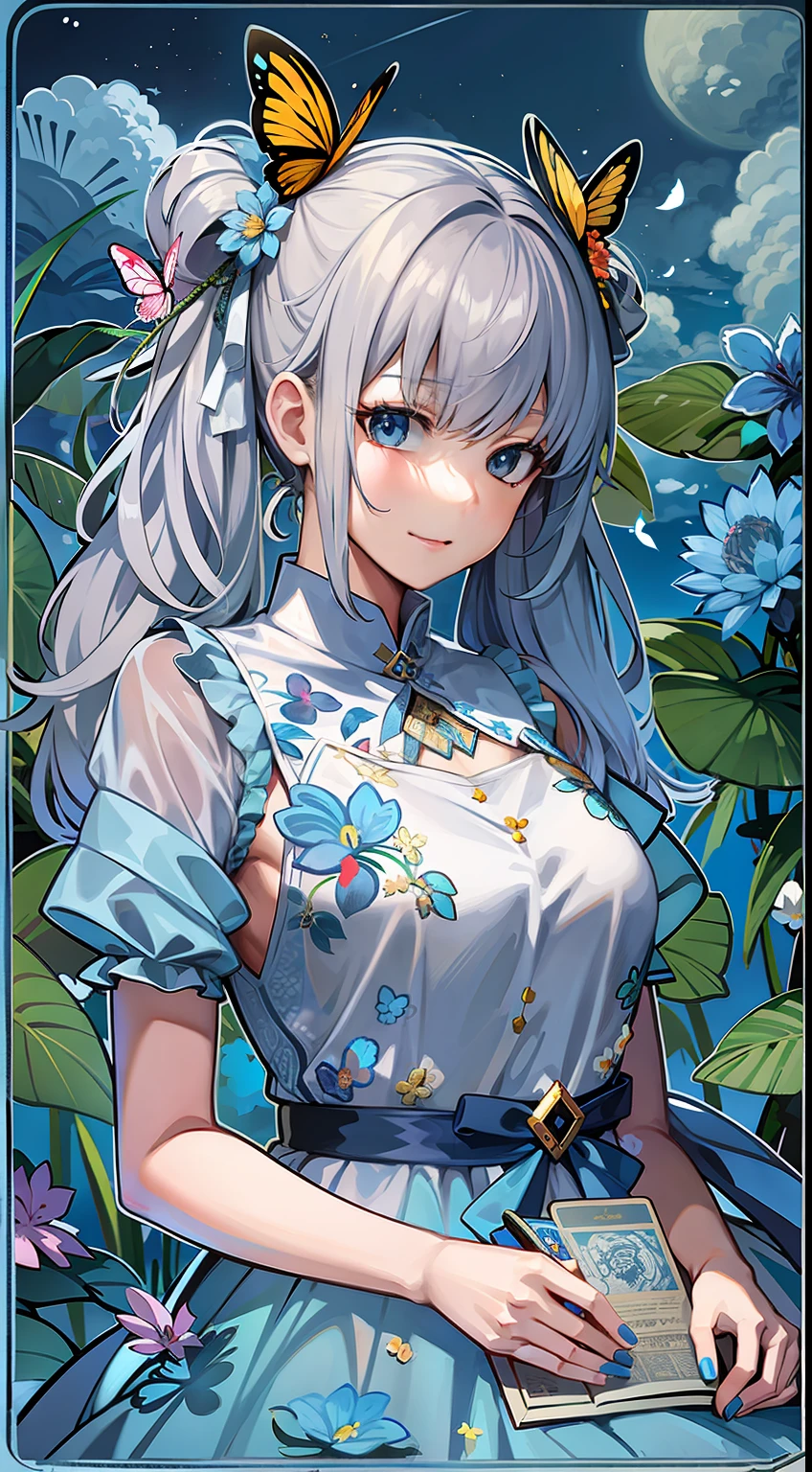 (Realistic painting style:0.9),(Imitation of traditional media:1.0),tmasterpiece,best qualtiy,Bokeh,depth of fields,side looking,Ayaka Kamisato(Spring flower letters),Ayaka Kamisato,bluntbangs,Butterfly hair ornaments,hairflower,a blue dress,1girll,Girl sitting in chair,Shy butterfly,Gray eye,florals,hair adornments,lightblue hair,exteriors,独奏,Skysky,Blue nails,clouds,By bangs,longer sleeves,Take it,looking at viewert,blue butter fly,pigtails,shift dresses,In the daytime,blue-sky,mediuml breasts,mostly cloudy sky,Be red in the face,Raise your index finger,Blue flowers,ssmile,Keep one's mouth shut,holding open book,tarot cards,Green background,