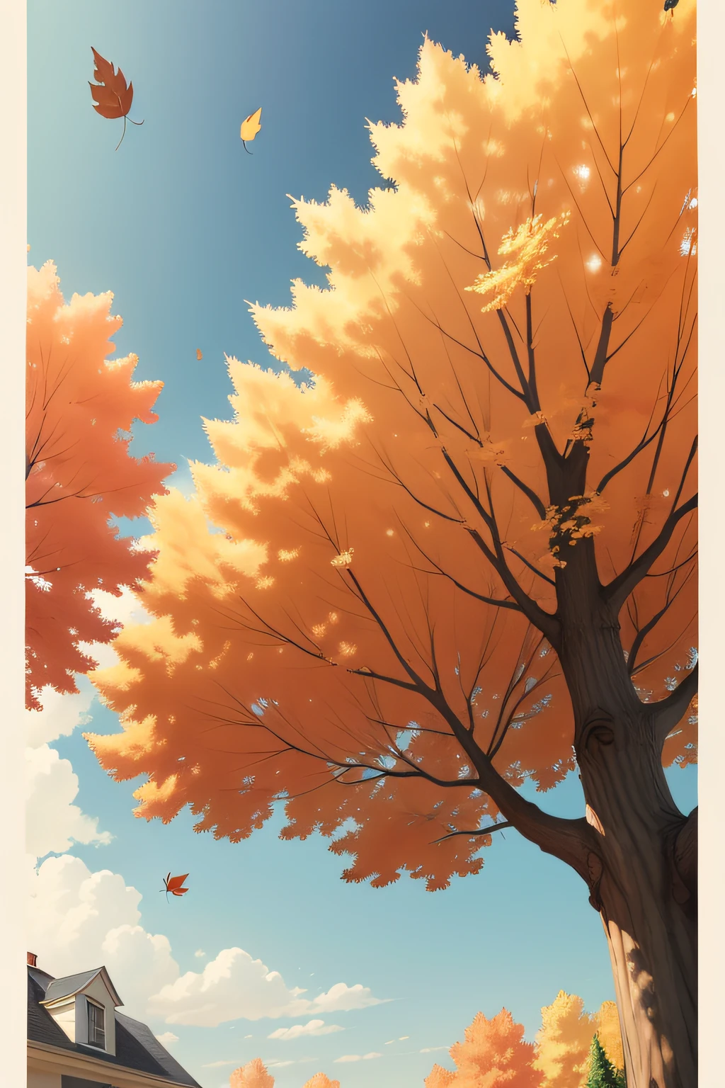 plane trees，cloudless sky，falling leaf，Quiet cul-de-sac，illustration
