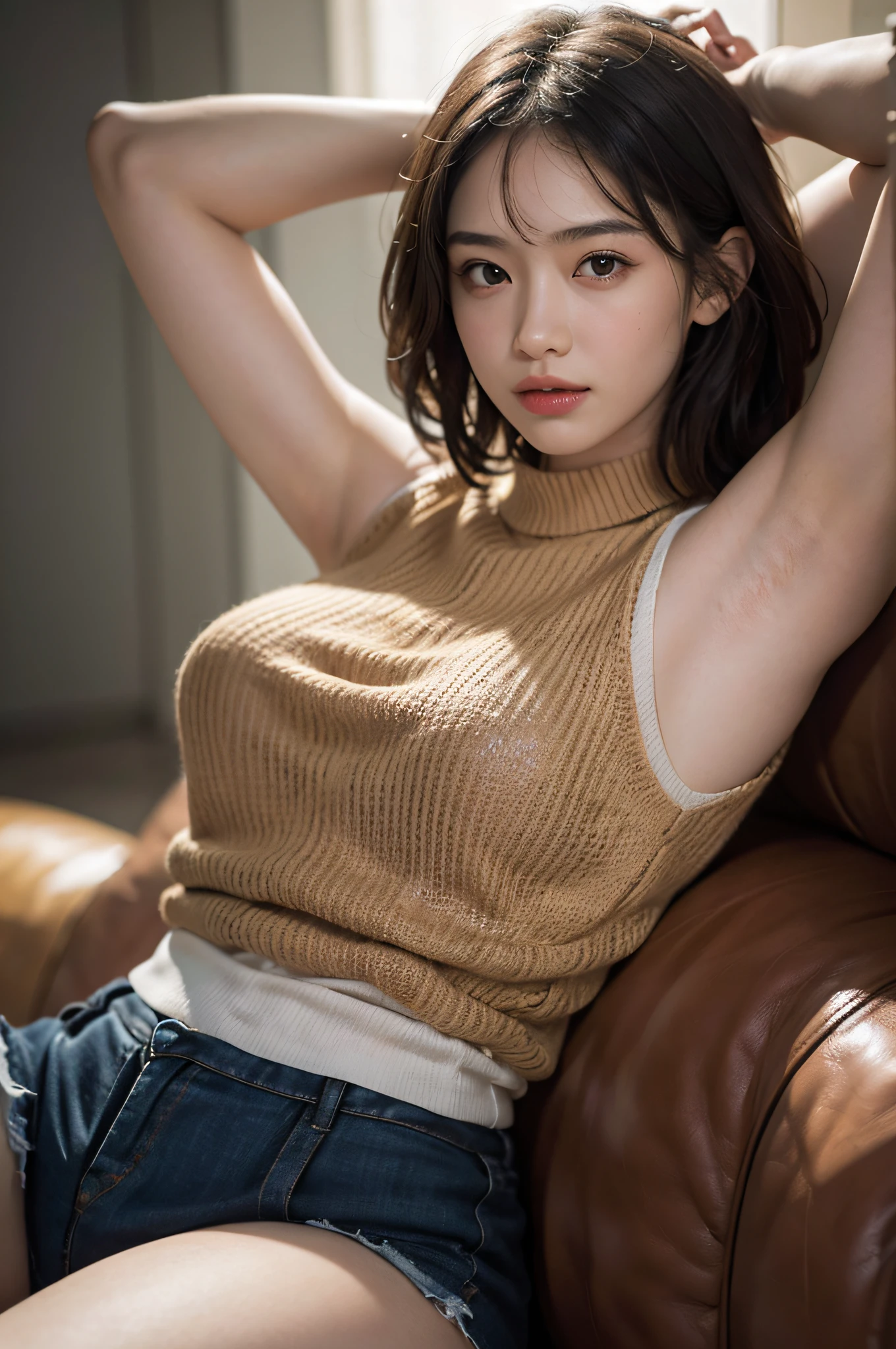 (A hyper-realistic), (illustratio), (hight resolution), (8K), (ighly detailed), (The best illustrations), (beatiful detailed eyes), (top-quality), (ultra-detailliert), (masterpiece), (wall-paper), (详细的脸), 18 year old girl,Show beautiful armpits,Short or medium hair,Upper body only,Girl in a sleeveless sweater, japanes, Colossal tits, (camel's toe)