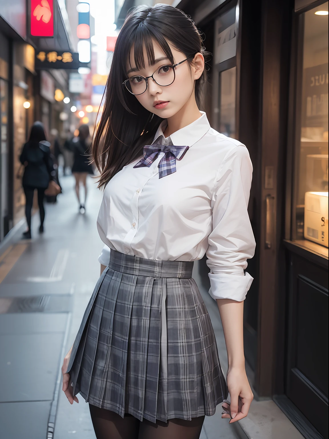 (8K、Raw photography、top-quality、masterpiece:1.2),Black pantyhose,absurderes,a small face,small tits,flat breast,Parting the bangs from the middle、Forehead visible,(Tight eyes,Bullish,skinny,Rasping,irate)、masterpiece,top-quality、超A high resolution,Raw photo,ren,Beautiful fece,One Person, 独奏,eye glass,,Dark look,Small breasts,fullllbody,Round glasses、cute little、A Japanese Lady,is standing,(Tight eyes,Bullish,skinny,Rasping,irate,small tits,flat breast)、(Photorealsitic:1.37)、Photon mapping,Light blue ribbon,Realistic、Cute little face,Brown-eyed、Black socks、(Red bow tie)、Radio City、Physically Based Rendering、Foreground、depth of fields、Blurry background、a picture,The girls、Body, Long legs, Thin leg,poneyTail,(Bangs are visible), hair, s lips, Blue_The eye, nosesoft,White shirt, Navy blue and white plaid pleated skirt, Knees are visible,Sheer clothing,, Thigh, Black cotton socks,Nogizaka Idol, 女優, Japanese ido