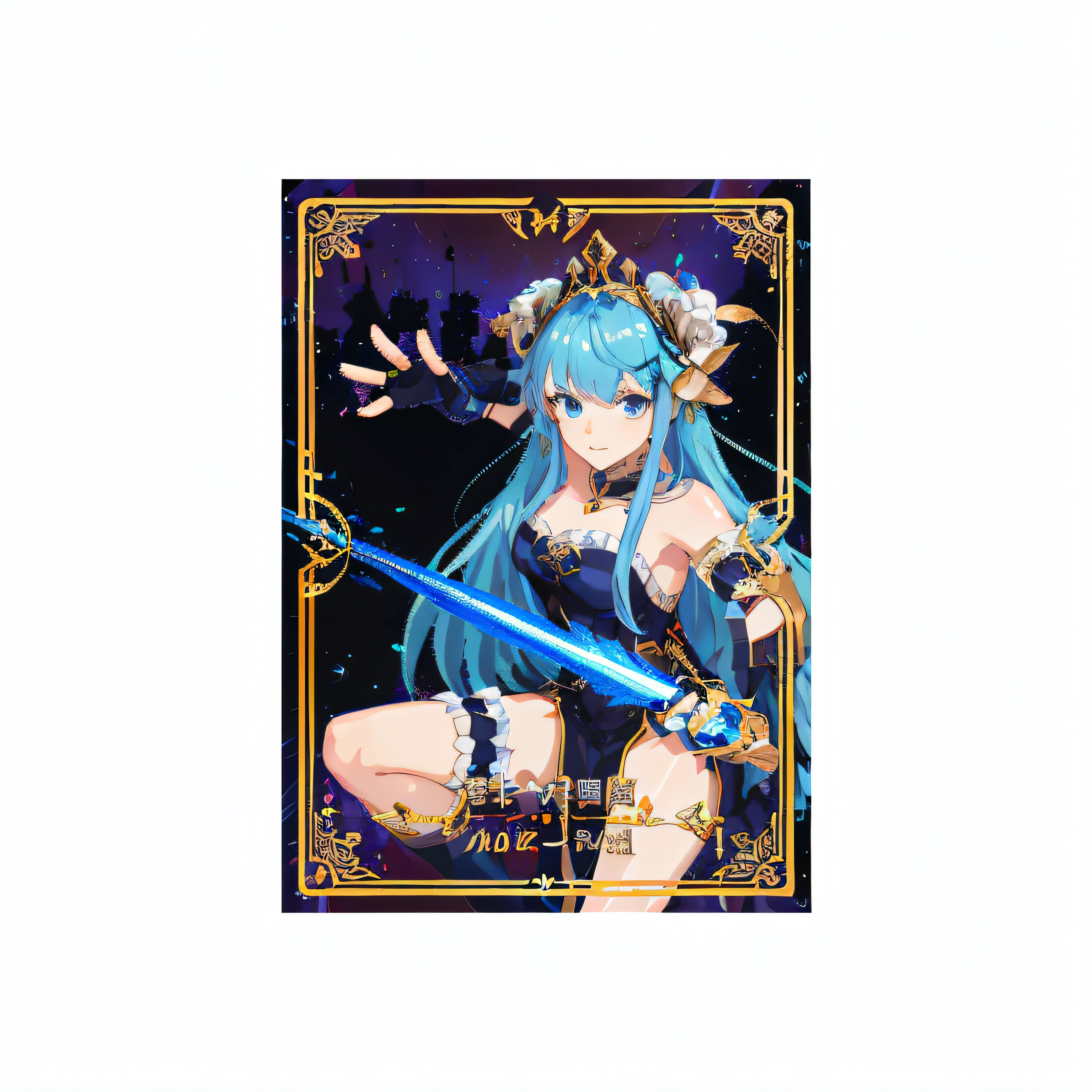 A close-up of a card，A woman with a sword, Portrait Chevaliers du Zodiaque Fille, full card design, knights of zodiac girl, shadowverse style, front game card, [ tarot cards ]!!!!!, arcane art style, hatsune miku in warhammer 40k, A scene from the《azur lane》videogame, Keqing from Genshin Impact