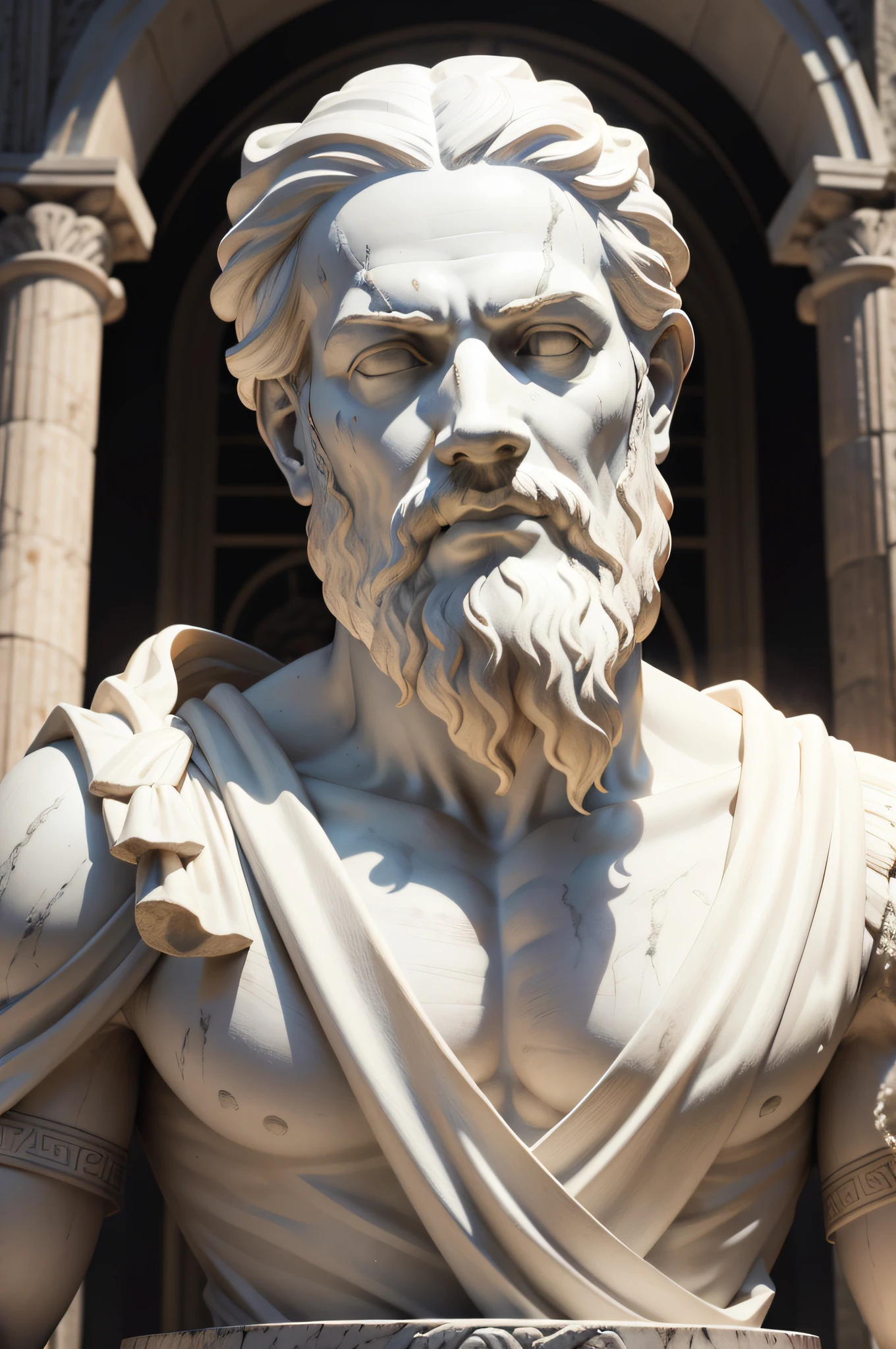 A realistic statue of detailed Greek socrates white marble wearing a ghostly toga, fundo neutro, Moody, , fotorrealista, cinematographic scene, super detalhada, hiper realista, luzes brilhantes, 8 K