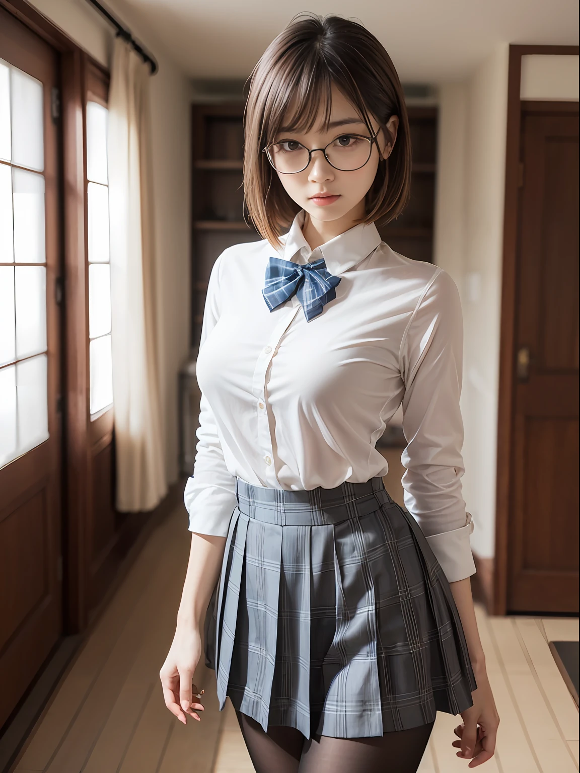 (8K、Raw photography、top-quality、masterpiece:1.2),Black pantyhose,absurderes,a small face,small tits,flat breast,Parting the bangs from the middle、Forehead visible,(Tight eyes,Bullish,skinny,Rasping,irate)、masterpiece,top-quality、超A high resolution,Raw photo,ren,Beautiful fece,One Person, 独奏,eye glass,,Dark look,Small breasts,fullllbody,Round glasses、cute little、A Japanese Lady,is standing,(Tight eyes,Bullish,skinny,Rasping,irate,small tits,flat breast)、(Photorealsitic:1.37)、Photon mapping,Light blue ribbon,Realistic、Cute little face,Brown-eyed、Black socks、(Red bow tie)、Radio City、Physically Based Rendering、Foreground、depth of fields、Blurry background、a picture,The girls、Body, Long legs, Thin leg,poneyTail,(Bangs are visible), hair, s lips, Blue_The eye, nosesoft,White shirt, Navy blue and white plaid pleated skirt, Knees are visible,Sheer clothing,, Thigh, Black cotton socks,Nogizaka Idol, 女優, Japanese ido