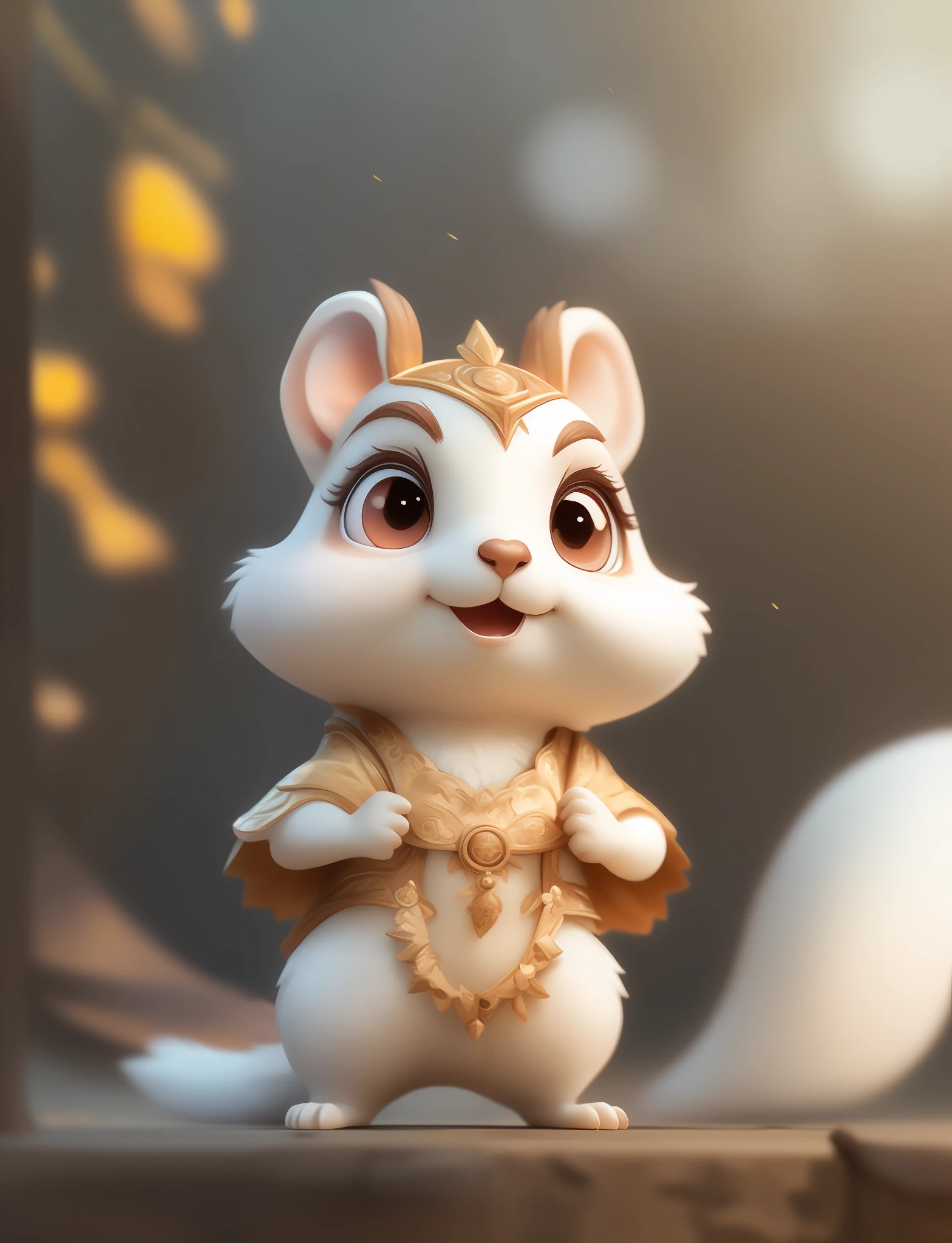 A super cute Squirrel with big eyes, wearing white and golden ethnic style clothing, cute expression, charming smile, Super high detail, solid color background, Exquisite, 3D effect, Blind box toy, Garage Kit, Super high precision, Perfect lighting, OC renderer, Blender, 8k, Super clear, Super noise reduction --q 2 --s 450 --ar 3:4 --v 5.1