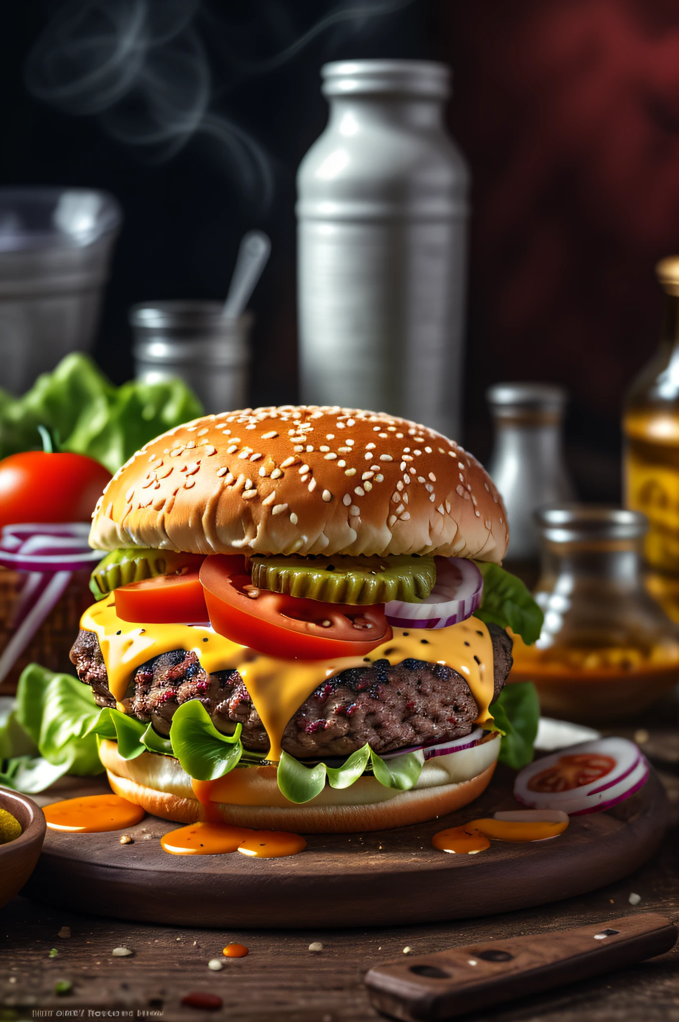 masterpiece, best quality,burger photo, food, food focus, no humans, tomato, blurry, still life, realistic, burger, cup, lettuce, fruit, onion, bowl, depth of field, vegetable, blurry background, cheese, bottle