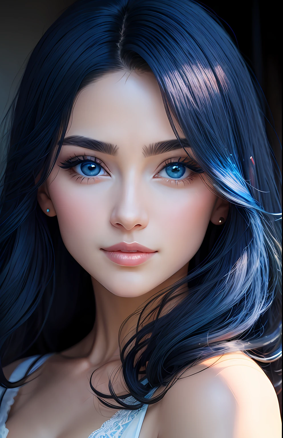 animesque、portraitures、One Person20Pretty Woman、Moisturized eyes、Casual clothing、a picture、oval jaw、beautiful countenance、The hair、Blue eyes with a beautiful glow、LDS Art