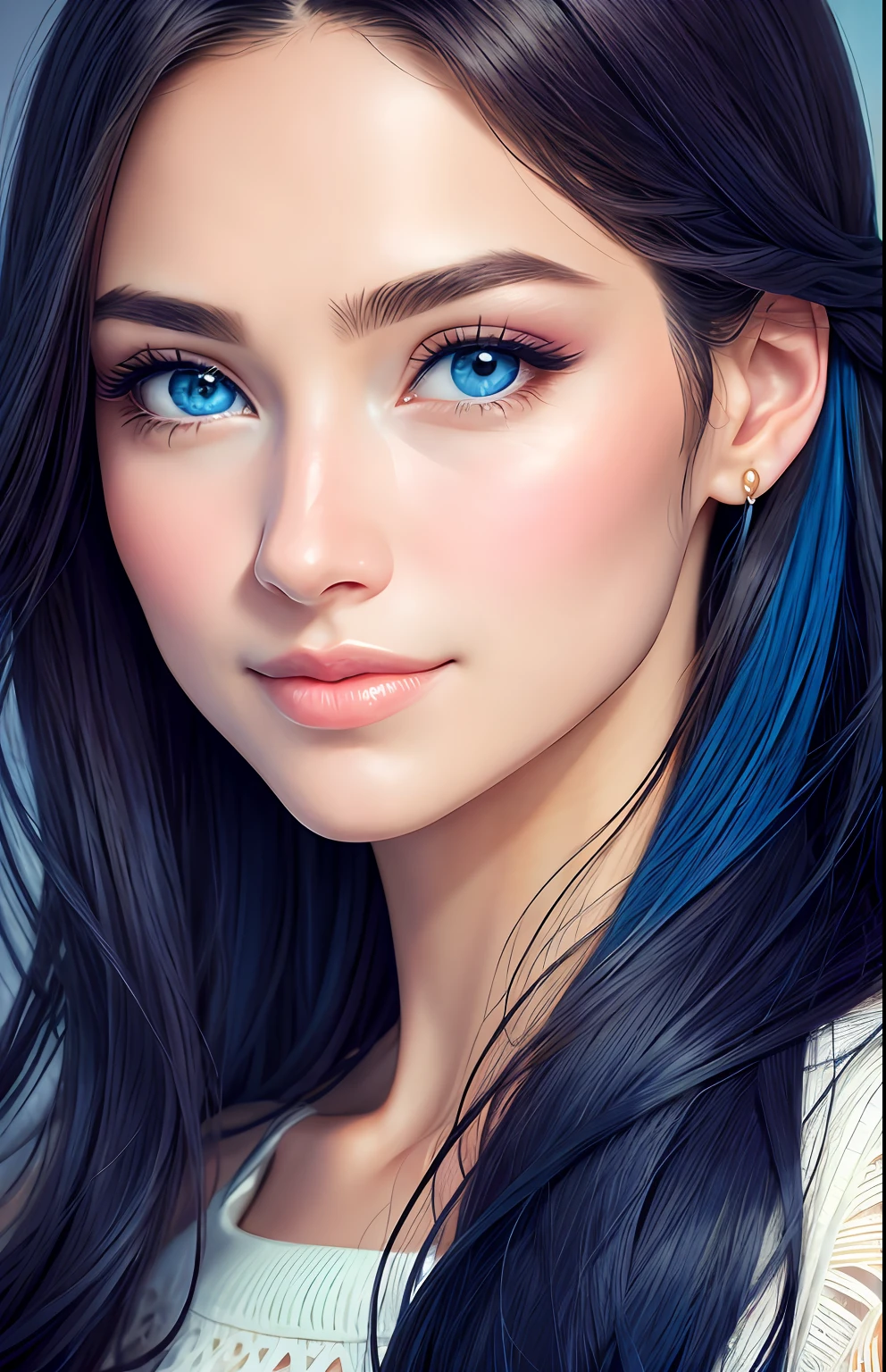 animesque、portraitures、One Person20Pretty Woman、Moisturized eyes、Casual clothing、a picture、oval jaw、beautiful countenance、The hair、Blue eyes with a beautiful glow、LDS Art