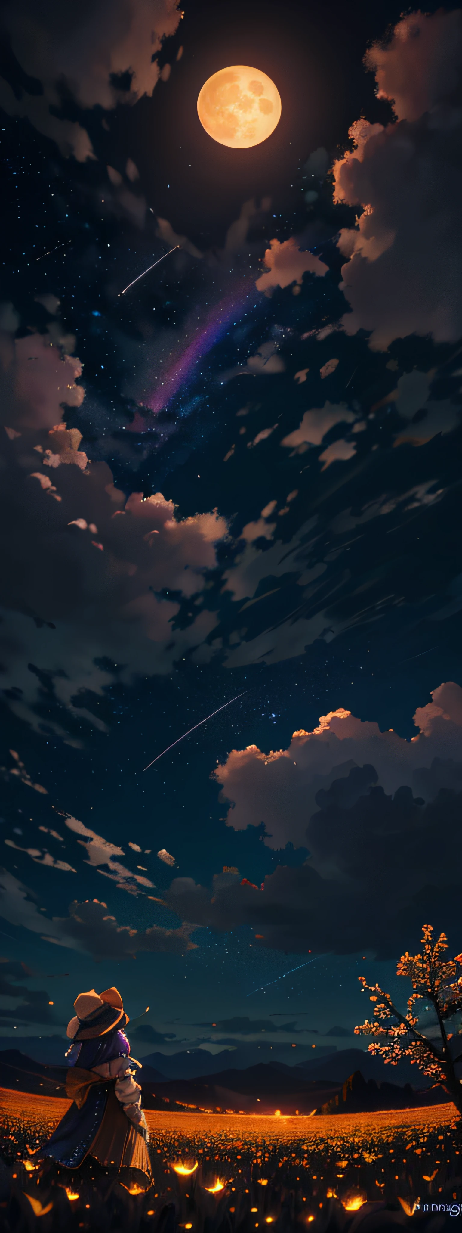 Vast landscape photo, (viewed from below, the sky is above and the open field is below), a girl standing on a flower field looking up, (full moon: 1.2), (meteor: 0.9), (nebula: 1.3), distant mountains , Trees BREAK Crafting Art, (Warm Light: 1.2), (Fireflies: 1.2), Lights, Lots of Purple and Orange, Intricate Details, Volumetric Lighting, Realism BREAK (Masterpiece: 1.2), (Best Quality), 4k, Ultra-Detailed, (Dynamic Composition: 1.4), Very Detailed, Colorful Details, (Rainbow Colors: 1.2), (Glow Lighting, Atmospheric Lighting), Dreamy, Magical, (Solo: 1.2)