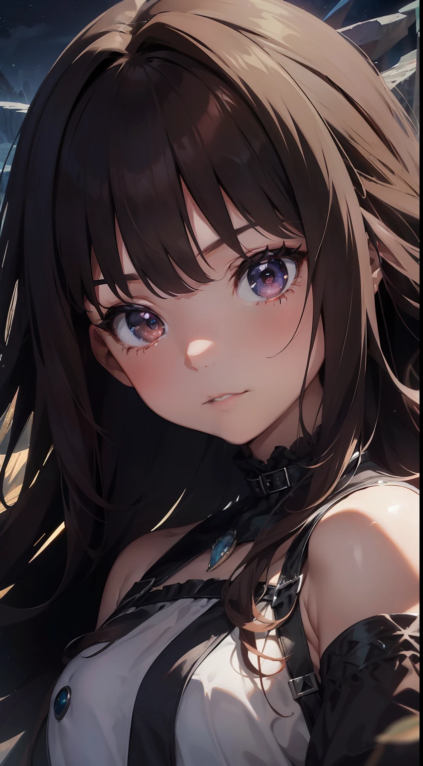 (absurdres, highres, ultra detailed), 1woman, mature female, aged up, wavy long hair, auburn hair, coral eyes, bangs, long sleeves, finely detailed eyes and detailed face, extremely detailed CG unity 8k wallpaper, intricate details, (style-swirlmagic:1.0), looking at viewer, solo, upper body, detailed background, close up, detailed face, (gothic dark ages theme:1.1), crystal sorcerer, dynamic pose, earth themed clothes, crystal crown, floating in the air, glowing magical shards, surrounded by blue magical crystals, rock formations, stalactites, magical floating particles, crystal glass, crystal sphere, crystal canyon background, (shallow water:0.7), epic ethereal atmosphere, updraft,, portrait