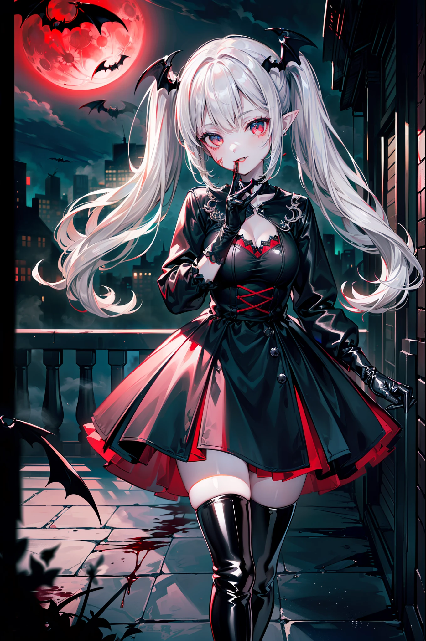 ((masterpiece, best quality, extremely detailed CG, unity 8k wallpaper,anatomically correct,ultra resolution)),Award-winning photography,(best illumination,Very Delicate and Beautiful),(one girl,solo,loli:1.5),(Vampire:1.5),silver hair,(twintails:1.2),glowing red eyes,(morbid pale skin:1.4),(extremely beautiful and detailed face:1.2), (extremely beautiful and detailed eyes:1.2),perfect hands,delicate legs,((bat hair ornament)),(casual,fashion),pointy ears,((gown:1.45,black latex thigh boots,black leather gloves)),looking at viewer,hand to own mouth,head tilt,morbid smile,dark persona,evil,(cute:1.5),((night, dark atmosphere, dark theme, darkness:1.5)),dramatic shadows,(dimly lit:1.5),blood on face,blood on floor, blood on walls,(blood mist,blood splash:1.4),depth of field,(Bustling city:1.2,park:1.3,crowds of people:1.2), cloud, full moon, moon, moonlight, night sky, outdoors, blood moon, sky, star sky, starry sky,(perfect human body structure with maximum precision)