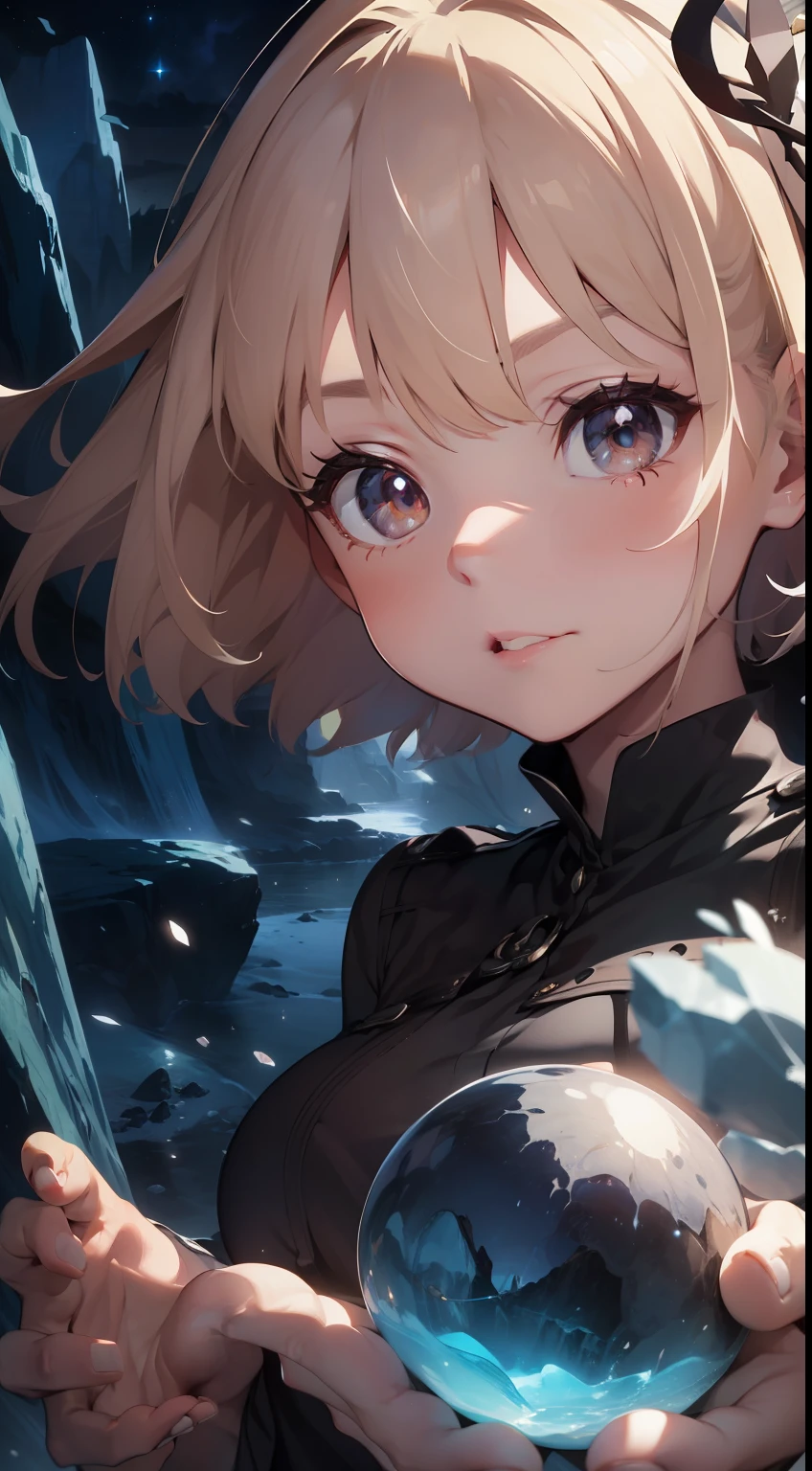 (absurdres, highres, ultra detailed), 1woman, mature female, aged up, wavy long hair, auburn hair, coral eyes, bangs, long sleeves, finely detailed eyes and detailed face, extremely detailed CG unity 8k wallpaper, intricate details, (style-swirlmagic:1.0),  looking at viewer, solo, upper body, detailed background, close up,  detailed face, (gothic dark ages theme:1.1), crystal sorcerer,  dynamic pose, earth themed clothes, crystal crown,  floating in the air, glowing magical shards, surrounded by blue magical crystals,  rock formations, stalactites,  magical floating particles, crystal glass,  crystal sphere, crystal canyon background, (shallow water:0.7),  epic ethereal atmosphere,   updraft,, portrait