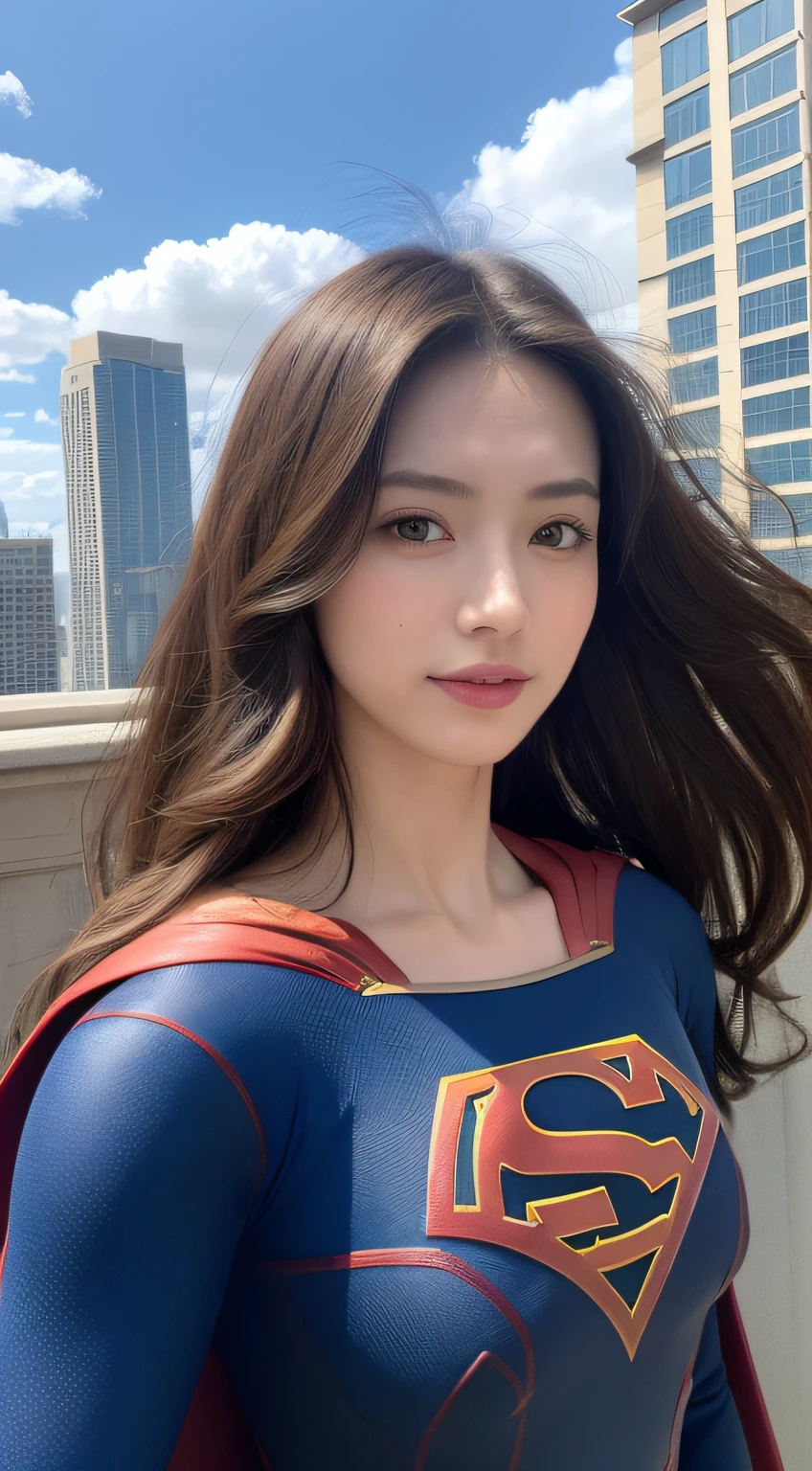 （((Supergirl Costume))）、(during daytime、excellent、8K、​masterpiece:1.3)), full body Esbian, Long feet, Focal length: 1.2, Perfect Body Beauty: 1.4, Slim abs: 1.1, ((dark brown hair, Colossal tits: 1.2 )),  ((city, Blue sky, white clouds: 1.3)), Detailed face and skin texture, Detail Eye, 二重まぶた, Flying Longhair