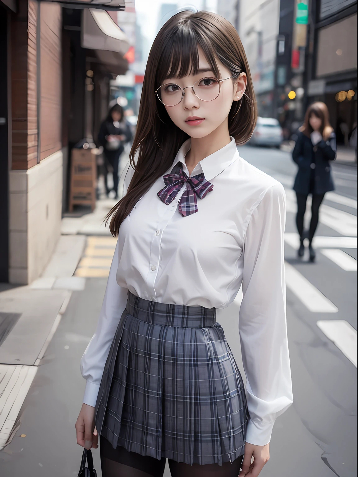 (8K、Raw photography、top-quality、masterpiece:1.2),Black pantyhose,absurderes,a small face,small tits,flat breast,Parting the bangs from the middle、Forehead visible,(Tight eyes,Bullish,skinny,Rasping,irate)、masterpiece,top-quality、超A high resolution,Raw photo,ren,Beautiful fece,One Person, 独奏,eye glass,,Dark look,Small breasts,fullllbody,Round glasses、cute little、A Japanese Lady,is standing,(Tight eyes,Bullish,skinny,Rasping,irate,small tits,flat breast)、(Photorealsitic:1.37)、Photon mapping,Light blue ribbon,Realistic、Cute little face,Brown-eyed、Black socks、(Red bow tie)、Radio City、Physically Based Rendering、Foreground、depth of fields、Blurry background、a picture,The girls、Body, Long legs, Thin leg,poneyTail,(Bangs are visible), hair, s lips, Blue_The eye, nosesoft,White shirt, Navy blue and white plaid pleated skirt, Knees are visible,Sheer clothing,, Thigh, Black cotton socks,Nogizaka Idol, 女優, Japanese ido