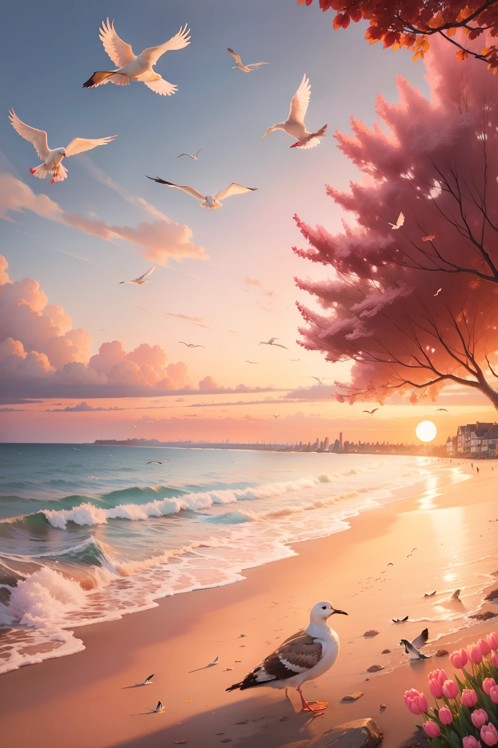 tulips,setting sun,evening light,beachside,seagulls,in pink,oil painted