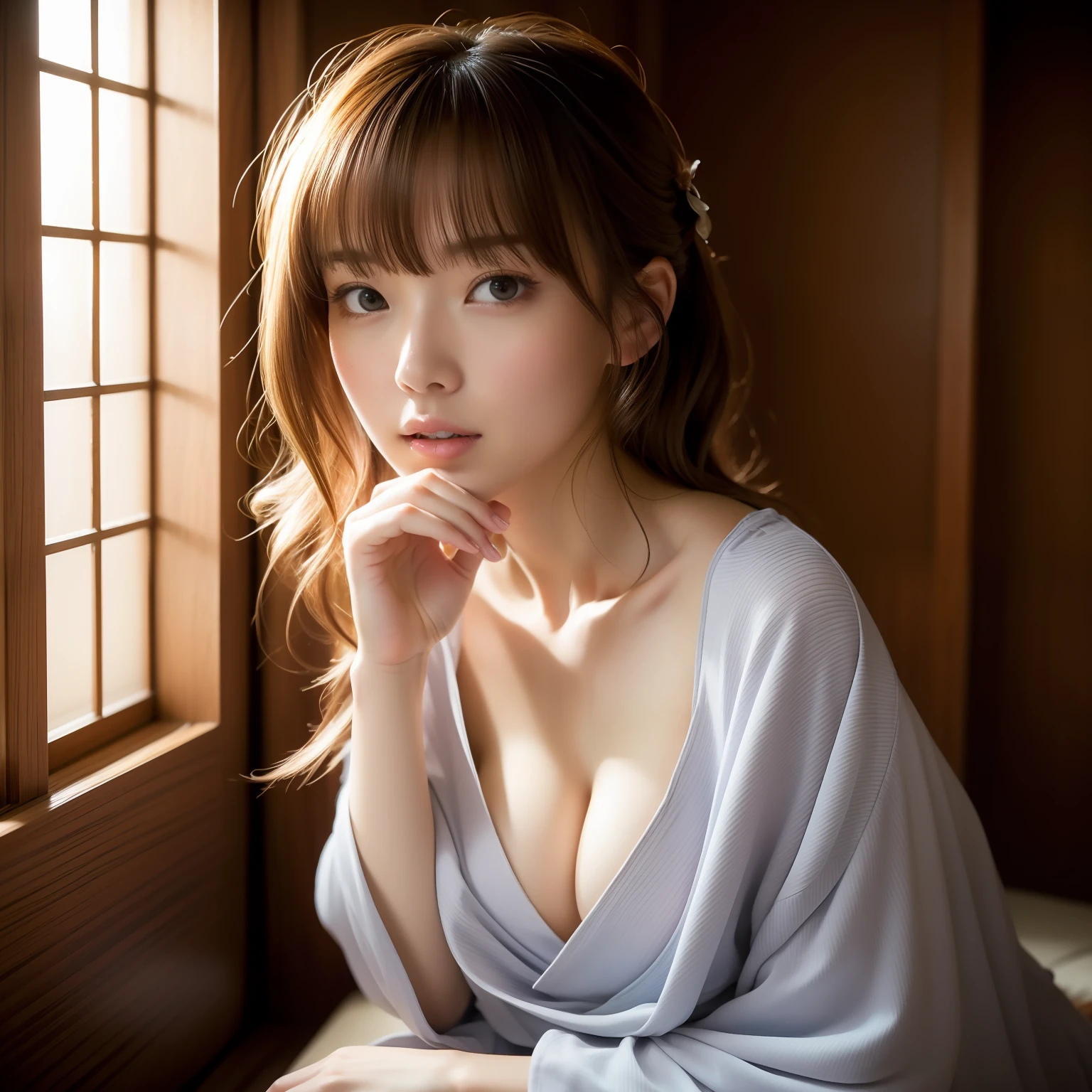 super high image, super detail, high resolution, anime, manga, illustration, hot spring inn, open yukata, sit astride, straddling, wariza, yokozuwari, beautiful woman, flowing layered wavy messy light brown hair, glossy eyes, mysterious, enchanting, amorous expression, seductive look, alluring moist half open lips, huge breasts, under boob, great proportion, perfect proportion, slender, full body, background indoors at night, Japanese-style room