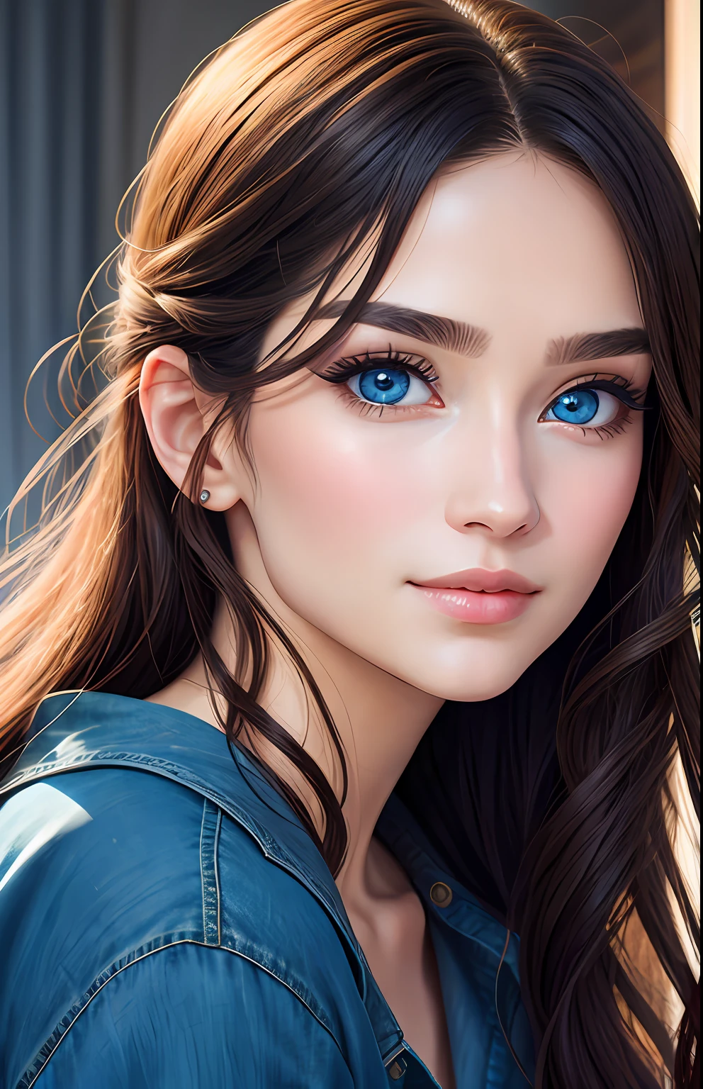 animesque、portraitures、One Person20Pretty Woman、Moisturized eyes、Casual clothing、a picture、oval jaw、beautiful countenance、The hair、Blue eyes with a beautiful glow、LDS Art