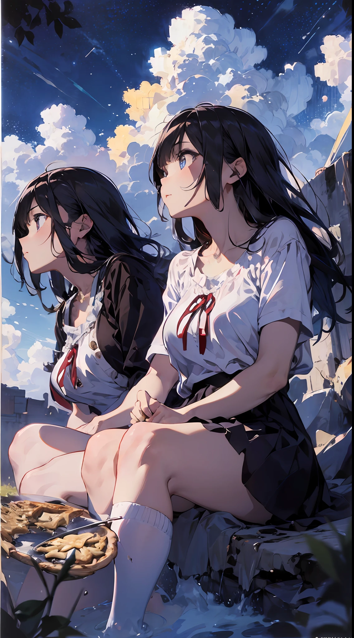 girls on, sitting on, Side Shot, (sky-high:1.3), (A masterpie, best qulaity, Near and far law, Depth-of-field:1.5), the clouds, a sea, beautifulface, thighlet, From Under, 8K, Raw foto, absurdress, impressionists, (Tom Thomson, Claude Monet, Joaquin Sorolla, James Wilson Morris, Jon Fabian Aluson, Hugh Henry Breckenridge:0.8), FLS, photorealestic, film grains, Color Aberration, high - resolution, Ultra Verbose, finelydetail, dinamic lighting, Dramatic lighting、shadowy、Sharp focus、Very detailed eyes and face、Sharp pupils、Realistic pupils