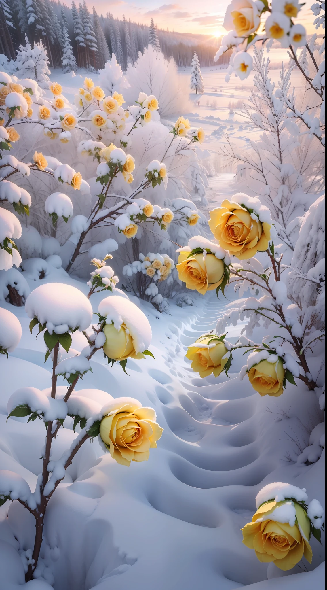 There are many yellow roses growing in the snow,The flowers are covered with thick snow,The flowers are frozen,It is surrounded by pink forests,Beautiful nature,Beautiful photography,Cold but beautiful,cinematric light,4K photography,8K high quality detailed art