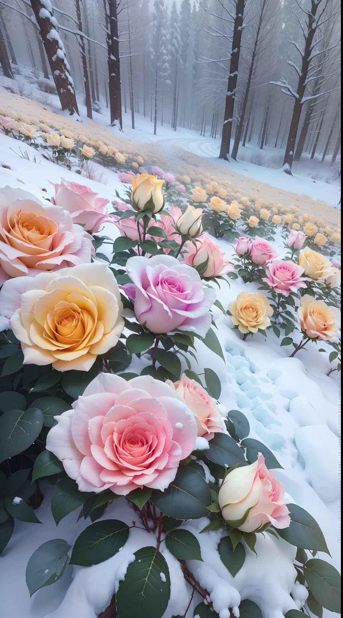 There are many yellow roses growing in the snow,The flowers are covered with thick snow,The flowers are frozen,It is surrounded by pink forests,Beautiful nature,Beautiful photography,Cold but beautiful,cinematric light,4K photography,8K high quality detailed art