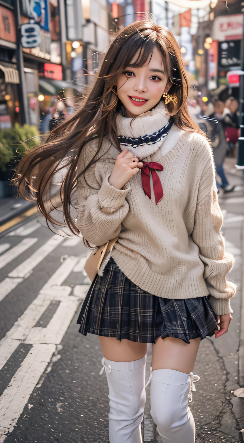 (skin blemish:1.2), (skindentation), black eye, 1woman, 25yo, (((woman))), solo, realistic,  best quality, photorealistic, masterpiece, 8k, high res, solo, extremely detailed face,  (professional lighting, bokeh), (light particles, lens flare, glowing particles:0.6), (dynamic pose:1.2), soft lighting, top angle view, fashionable and trendy atmosphere, japan, street, tokyo, city, ((daytime)), sky, wire cable,  ((looking at the viewer:1)), (looking at the camera),(portrait:0.6), cowboy shot, gorgeous, standing, keep original facial proportion, wide shoulder, full body,  (small breast),  (medium hair), brown hair, floating hair, lips, lipstick, seductive smile, floating hair, smile, open_mouth, teeth, (white blouse), (jumper skirt), eyelashes, mole, (mole under eye:1),