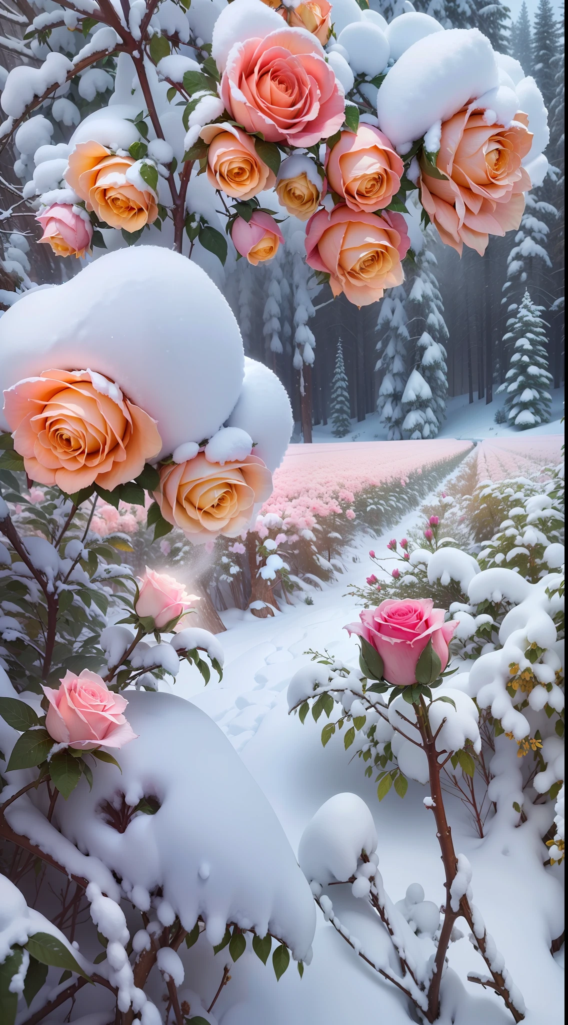There are many yellow roses growing in the snow,The flowers are covered with thick snow,The flowers are frozen,It is surrounded by pink forests,Beautiful nature,Beautiful photography,Cold but beautiful,cinematric light,4K photography,8K high quality detailed art