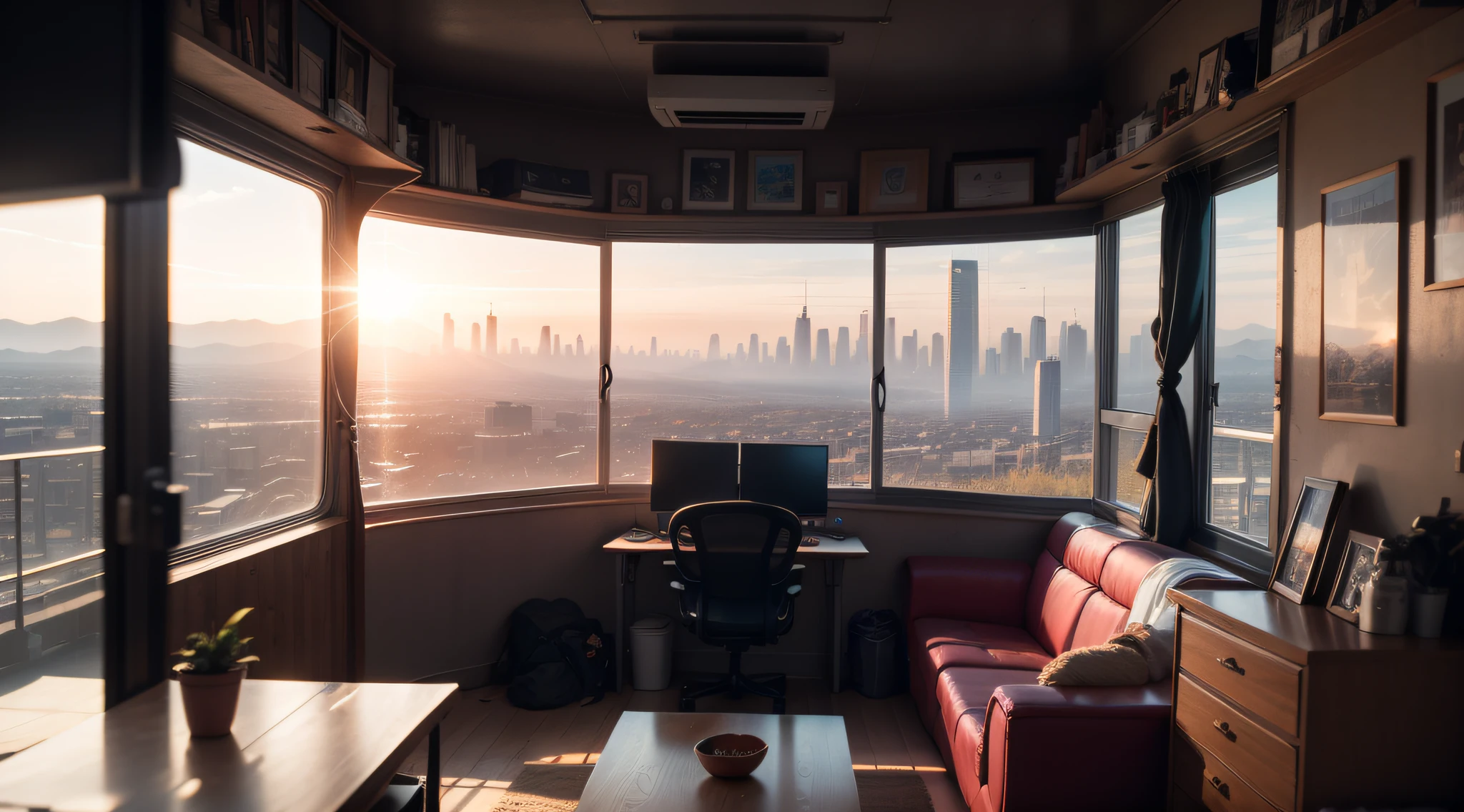 Tipo POV, wide angle, Interior of a cyberpunk roomAcross the window in the background is a dystopian cyberpunk future), dualidade, (Montanhas:1.1), (Badlands:0.8), (Skyline da cidade cyberpunk), Alto ponto de vista, ((estabelecendo tiro)), (altamente detalhado, hiperdetalhado, intrincado), (Reflexo da lente:0.7), (Bum:0.5), ray tracing, particle effects, dust, areia, profundidade de campo, soft and diffuse lighting, fotografado em uma Canon EOS R5, Lente ultra wide de 24 mm, foco profundo, 4k resolution, cinematic movie still