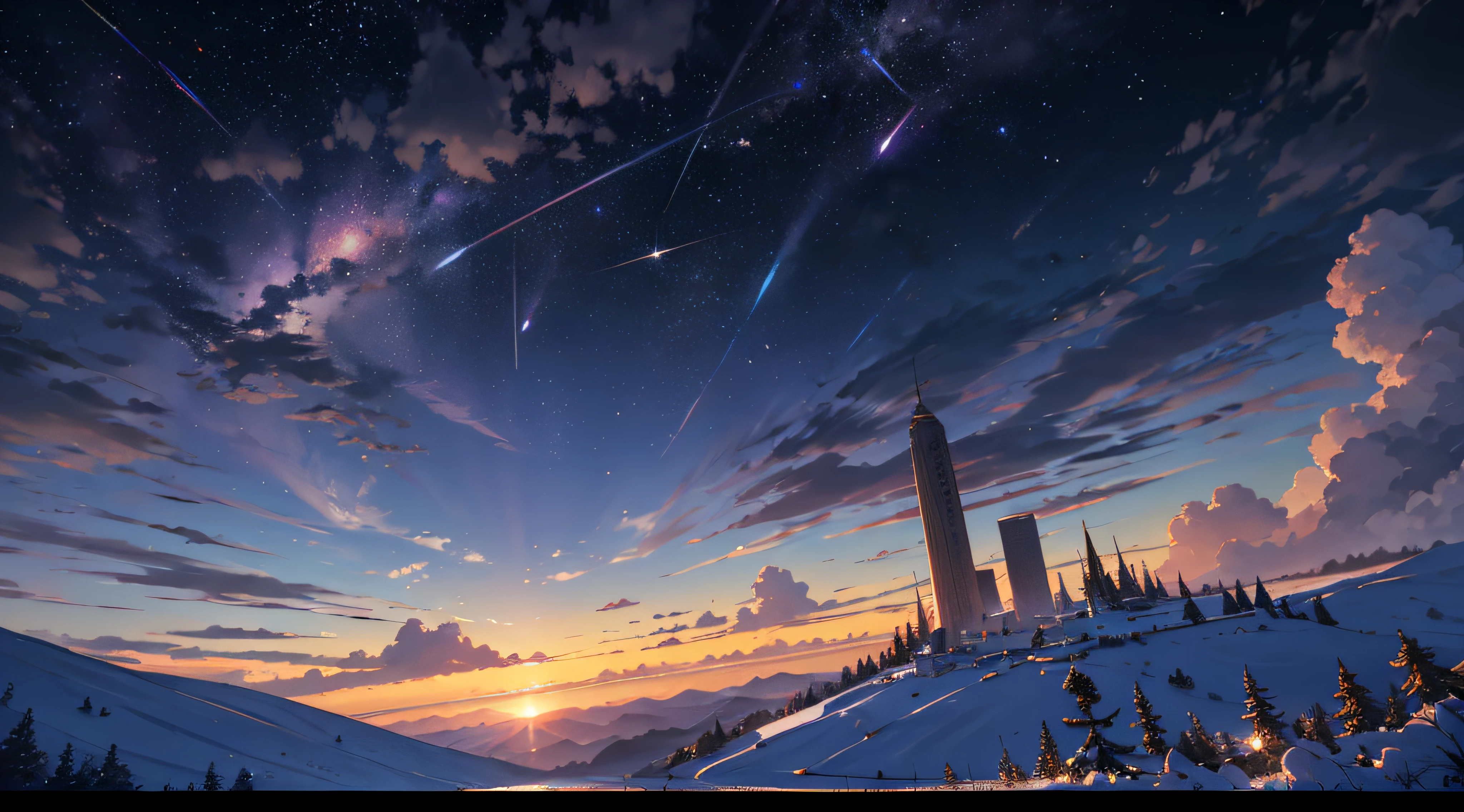 Expansive landscape photograph,(moon full:1.2),(meteors:0.9),(Starcloud:1.3),(Warm light source:1.2),(glowworm:1.2),lamp lights,Lots of purple and orange,Complicated details,Volumetriclighting,Realism BREAK(tmasterpiece:1.2),(best qualtiy),8K,Ultra-detailed,(dynamic compositions:1.4),The is very detailed,Colorful details,(Irridescent color:1.2),(luminouslighting,Atmospheric lighting),dream magical,magical,(独奏:1.2),((best qualtiy)), ((tmasterpiece)), (the detail:1.4),depth of fields,maximum definition and sharpness,perfectly proportions,Fluttering clouds,Wallpapers
