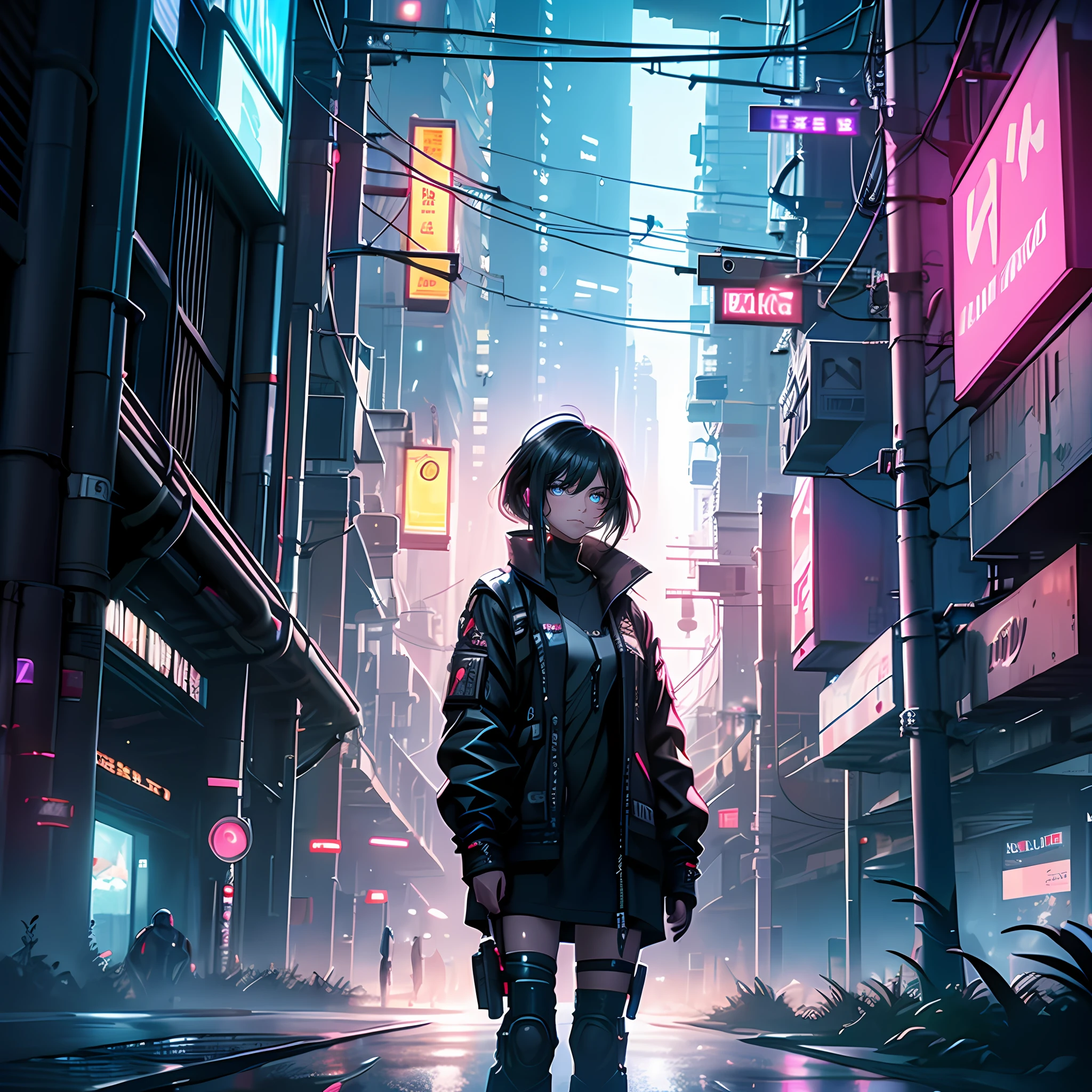 One has short gray-black hair,Girl with cold expression standing in futuristic cityscape illuminated by neon lights, Extremely detailed cyberpunk digital art, 8K HD