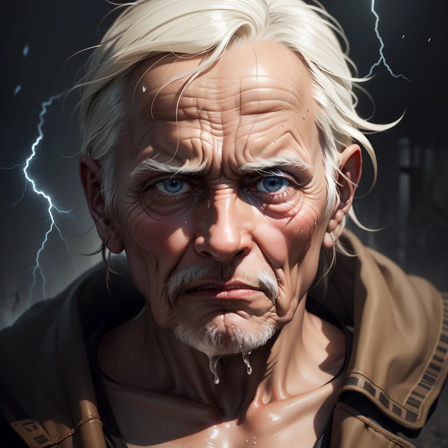 Camera away, (sharp focus:1.2), an award-winning photo of a suffering old man, water drops, tired expression, ninety years old, storm outside, lightning backlighting, , lines on the face, wrinkles, extremely detailed skin, sadness, brown skin, hopelessness, beautiful and bleary eyes, (deep shadows:1.1), high contrast, absurd, 8k, (high quality: 1.3),, artstation hd, concept art, detailed face and body, award-winning photography, (grumpy lighting:1.2), depth of field, bokeh, 4K, HDR