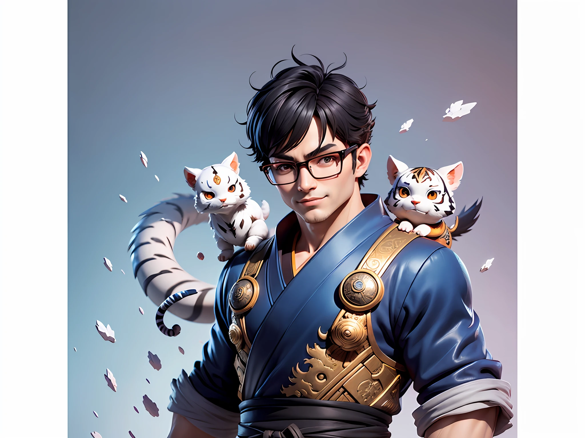 (Masterpiece), (Excellent), (Super Meticulous), (Full Body: 1.2), Super Young Man with Japanese Female Geisha, Pretty, Beautiful, Chinese Dragon, Tiger, Wind God Thor, Sexy, Bursting, Oriental Face, TV Anchor, Bust Portrait Illustration, Black Suit, Blue Tie, Slightly Chubby Face, Silver Glasses, Very Clean Face, No Beard on Chin, Black Super Short Hair, Black Eyes, Confident Smile, 3c Computer Sub-Products, iPad, iPhone, Digital Painting, 3D character design by Mark Clairedon and Pixar and Hayao Miyazaki and Akira Toriyama, the illustrations are HD illustrations in 4K resolution with highly detailed facial features and cartoon-style visuals.