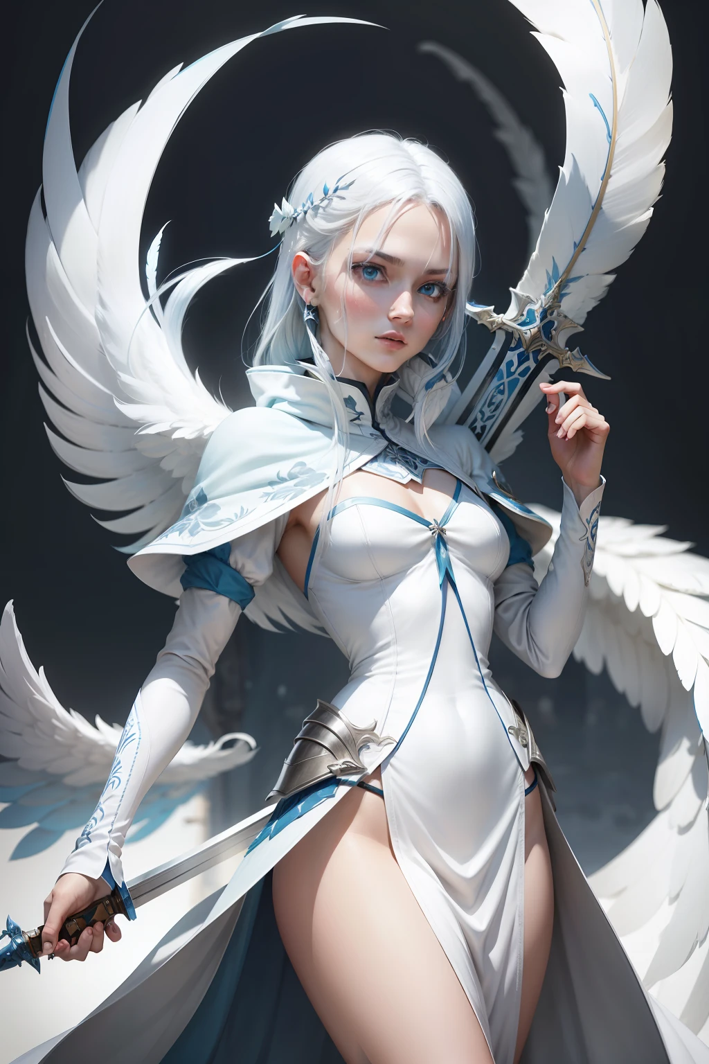 skyblue eyes,white color hair,A thin sword with feathers