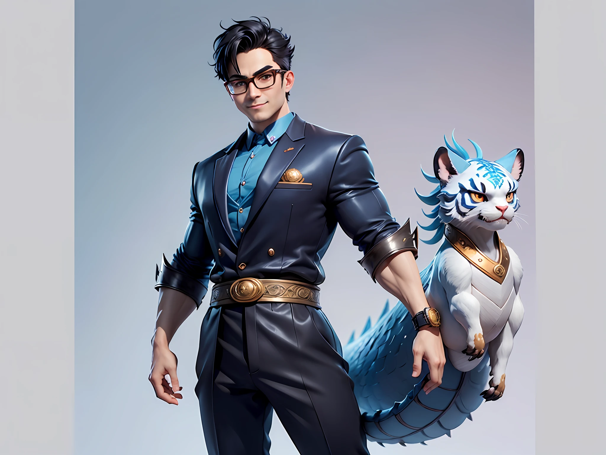 (Masterpiece), (Excellent), (Super Meticulous), (Full Body: 1.2), Super Young Man with Japanese Female Geisha, Pretty, Beautiful, Chinese Dragon, Tiger, Wind God Thor, Sexy, Bursting, Oriental Face, TV Anchor, Bust Portrait Illustration, Black Suit, Blue Tie, Slightly Chubby Face, Silver Glasses, Very Clean Face, No Beard on Chin, Black Super Short Hair, Black Eyes, Confident Smile, 3c Computer Sub-Products, iPad, iPhone, Digital Painting, 3D character design by Mark Clairedon and Pixar and Hayao Miyazaki and Akira Toriyama, the illustrations are HD illustrations in 4K resolution with highly detailed facial features and cartoon-style visuals.