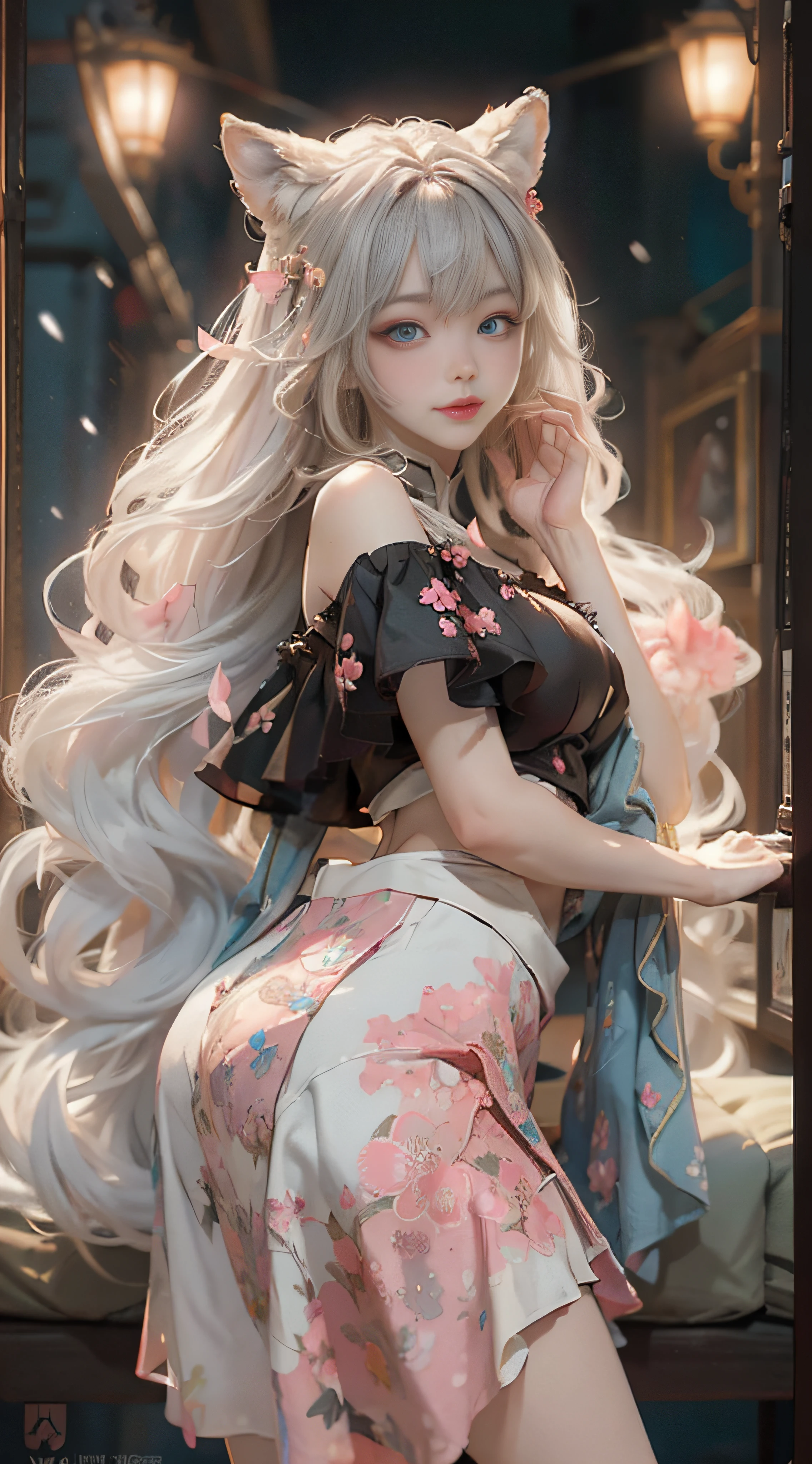 （（best qualtiy））， （（tmasterpiece））， （detail：1.4）， Beautiful cyberpunk female images，hdr（HighDynamicRange），Ray traching，NVIDIA RTX，Hyper-Resolution，illusory 5，sub surface scattering，PBR textures，post-proces，Anisotropy Filtering，depth of fields，maximum definition and sharpness，Many-Layer Textures，Albedo e mapas Speculares，Surface coloring，Mitsu-Accurate simulation of material interactions，perfectly proportioned，rendering by octane，Two-colored light，largeaperture，Low ISO，White balance，Rule three points、8K raw data、Beautiful bright blue pupils，off-the-shoulder clothes，Fine pupils，Delicate face and eyes，long eyelasher，Blushlush，Delicate and fluffy hair，pink lip，Pure，Cute face，Sweet girl，Artistic sense，Casual wear，Advancedsense，butterflys，Cherry blossom petal，Beautiful hair accessories，Long hair and waist，Hair fluttering in the wind，Snow-white fox ears，curlies，Snow-white fluffy tail，Positive light，The light from the back window is backlighted