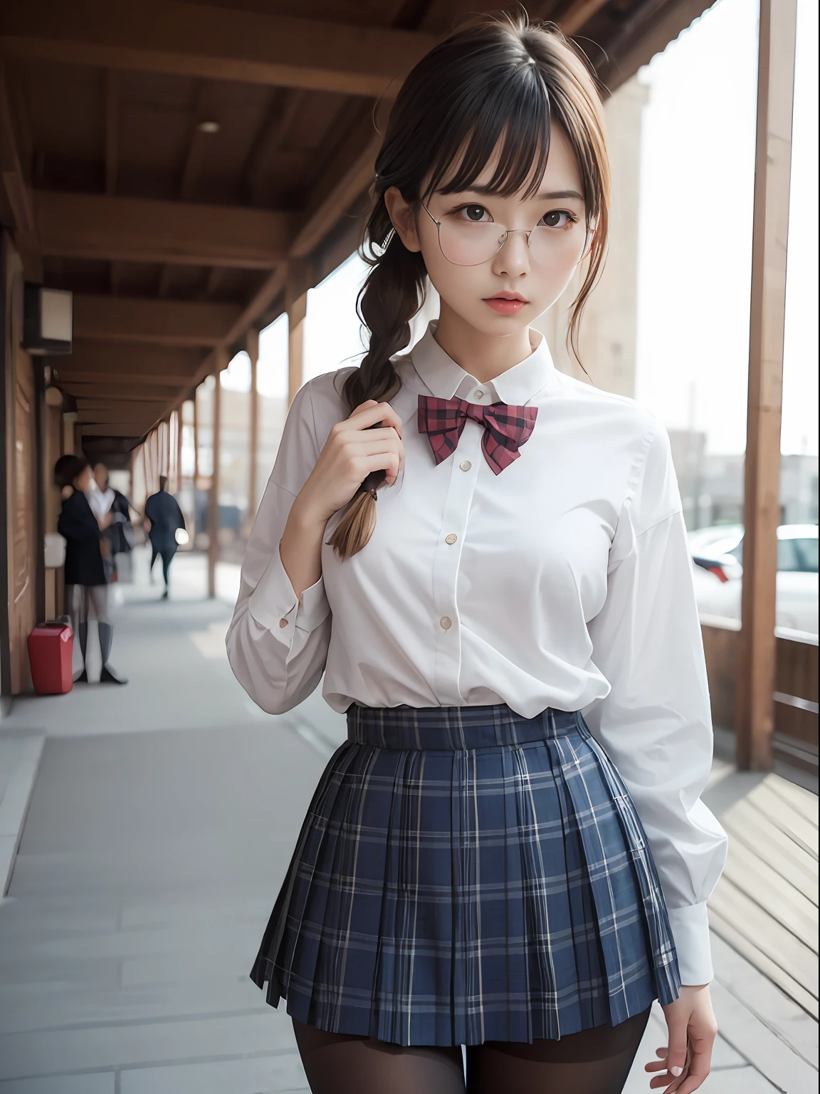 (8K、Raw photography、top-quality、masterpiece:1.2),Black pantyhose,absurderes,a small face,small tits,flat breast,Parting the bangs from the middle、Forehead visible,(Tight eyes,Bullish,skinny,Rasping,irate)、masterpiece,top-quality、超A high resolution,Raw photo,ren,Beautiful fece,One Person, 独奏,eye glass,,Dark look,Small breasts,fullllbody,Round glasses、cute little、A Japanese Lady,is standing,(Tight eyes,Bullish,skinny,Rasping,irate,small tits,flat breast)、(Photorealsitic:1.37)、Photon mapping,Light blue ribbon,Realistic、Cute little face,Brown-eyed、Black socks、(Red bow tie)、Radio City、Physically Based Rendering、Foreground、depth of fields、Blurry background、a picture,The girls、Body, Long legs, Thin leg,poneyTail,(Bangs are visible), hair, s lips, Blue_The eye, nosesoft,White shirt, Navy blue and white plaid pleated skirt, Knees are visible,Sheer clothing,, Thigh, Black cotton socks,Nogizaka Idol, 女優, Japanese ido