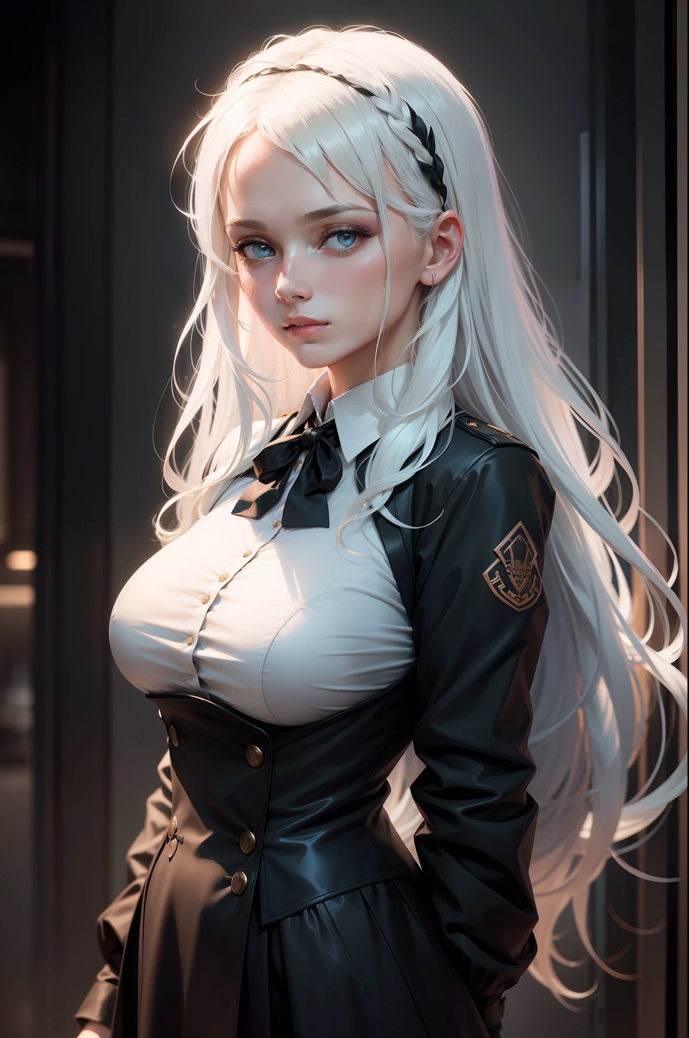 (In the Dark: 1.6), surreal female portrait by David Hockney and Alphonse Mucha, fantasy art, photorealism, dynamic lighting, artstation, poster, volumetric lighting, very detailed faces, 4k, Award Winning, 1girl, In Dark, Deep Shadow, Low Key, Cowboy Shot, (Stewardess Uniform: 1.4), Long Hair, White Hair, Bust, Terminal, Medium Boobs