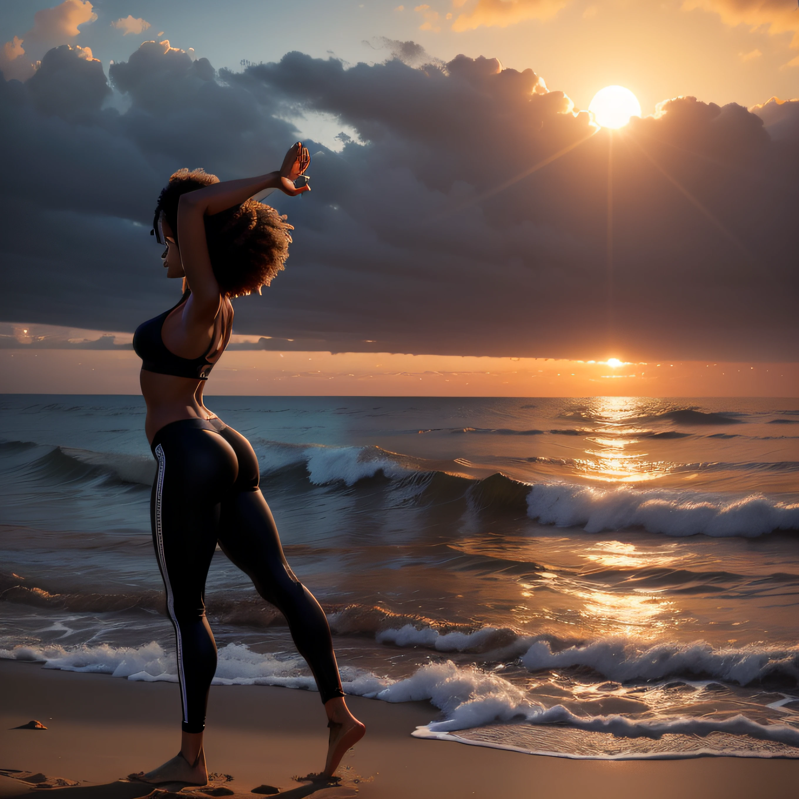 (une jeune femme noire:1.3), faisant du yoga, sur la plage de Los Angeles,  palmiers, dans une ambiance paisible et calme, avec de douces vagues, Un ciel orange, An elegant silhouette and fluid movement. naturelle