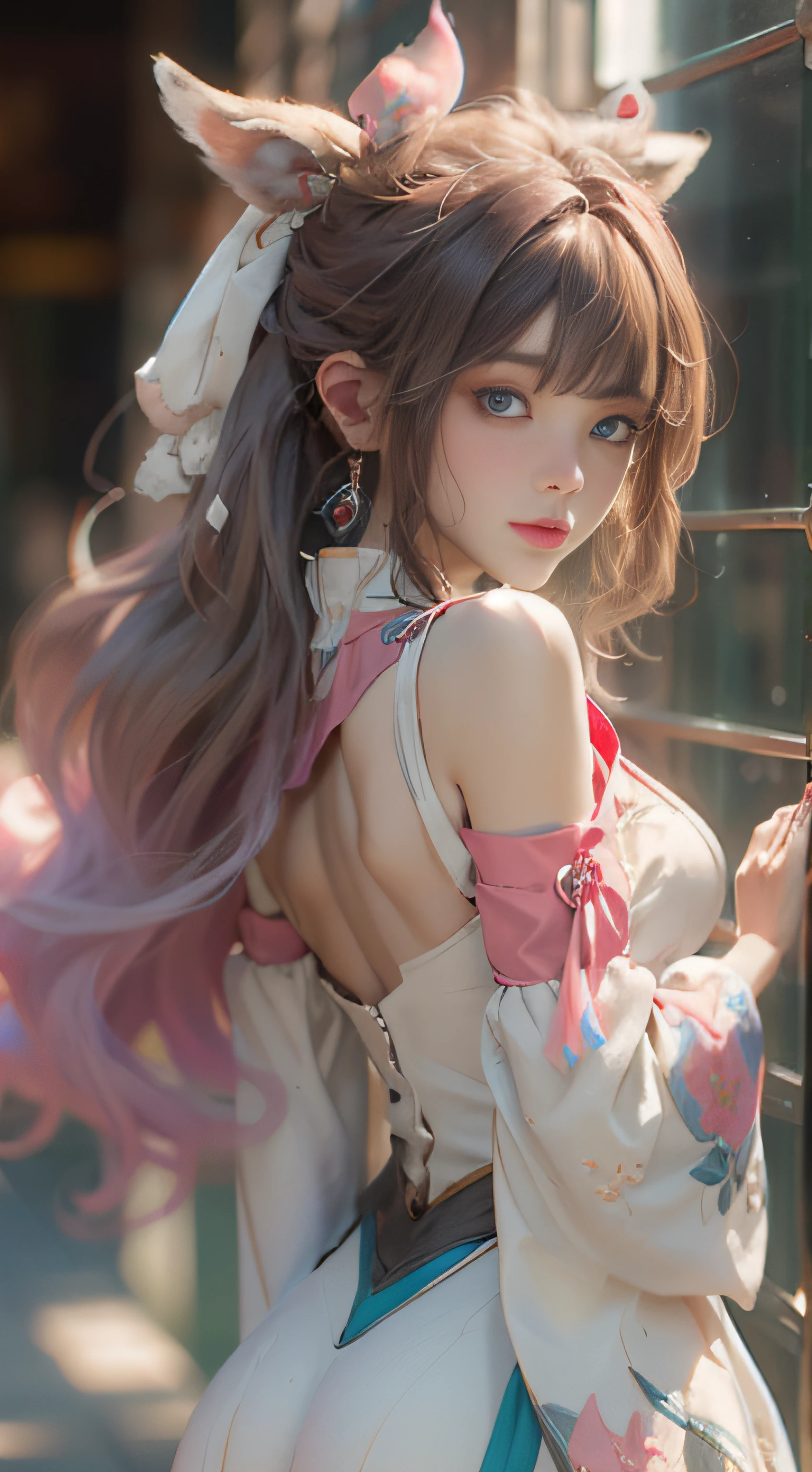 （（best qualtiy））， （（tmasterpiece））， （detail：1.4）， Beautiful cyberpunk female images，hdr（HighDynamicRange），Ray traching，NVIDIA RTX，Hyper-Resolution，illusory 5，sub surface scattering，PBR textures，post-proces，Anisotropy Filtering，depth of fields，maximum definition and sharpness，Many-Layer Textures，Albedo e mapas Speculares，Surface coloring，Mitsu-Accurate simulation of material interactions，perfectly proportioned，rendering by octane，Two-colored light，largeaperture，Low ISO，White balance，Rule three points、8K raw data、Beautiful bright blue pupils，off-the-shoulder clothes，Fine pupils，Delicate face and eyes，long eyelasher，Blushlush，Delicate and fluffy hair，pink lip，Pure，Cute face，Sweet girl，Artistic sense，Casual wear，Advancedsense，butterflys，Cherry blossom petal，Beautiful hair accessories，Long hair and waist，Hair fluttering in the wind，Snow-white fox ears，curlies，Snow-white fluffy tail，Positive light，The light from the back window is backlighted