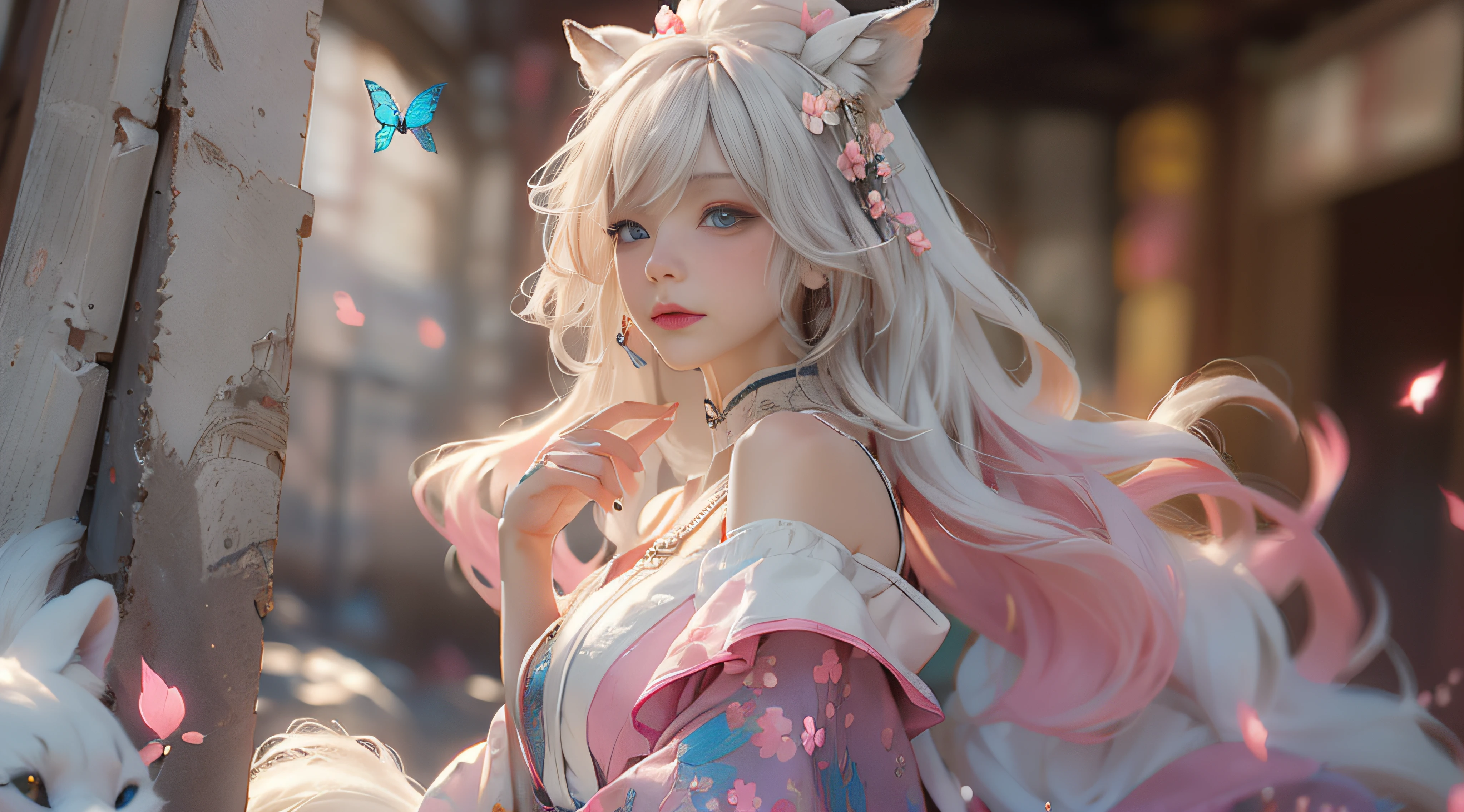 ((best qualtiy)), ((tmasterpiece)), (detail:1.4), Beautiful cyberpunk female images,hdr(HighDynamicRange),Ray traching,NVIDIA RTX,Hyper-Resolution,illusory 5,sub surface scattering,PBR textures,post-proces,Anisotropy Filtering,depth of fields,maximum definition and sharpness,Many-Layer Textures,Albedo e mapas Speculares,Surface coloring,Mitsu-Accurate simulation of material interactions,perfectly proportioned,rendering by octane,Two-colored light,largeaperture,Low ISO,White balance,Rule three points、8K raw data、Beautiful bright blue pupils,off-the-shoulder clothes,Fine pupils,Delicate face and eyes,long eyelasher,Blushlush,Delicate and fluffy hair,pink lip,Pure,Cute face,Sweet girl,Artistic sense,Casual wear,Advancedsense,butterflys,Cherry blossom petal,Beautiful hair accessories,Long hair and waist,Hair fluttering in the wind,Snow-white fox ears,curlies,Snow-white fluffy tail,Positive light,The light from the back window is backlighted